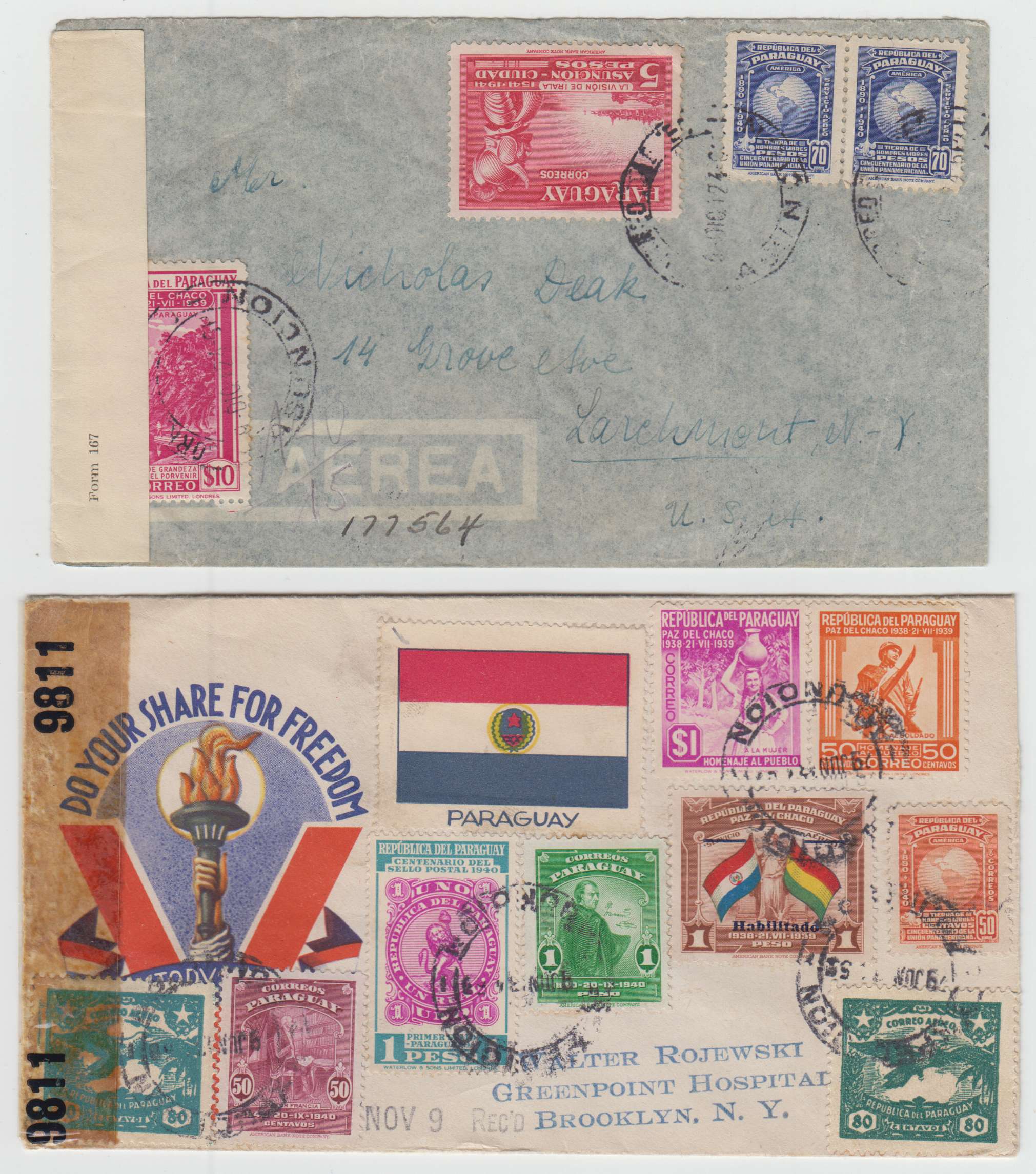 Paraguay 1942 — Four Wwii censor covers to USA with three R-covers & one printed "Victory & Freedom"