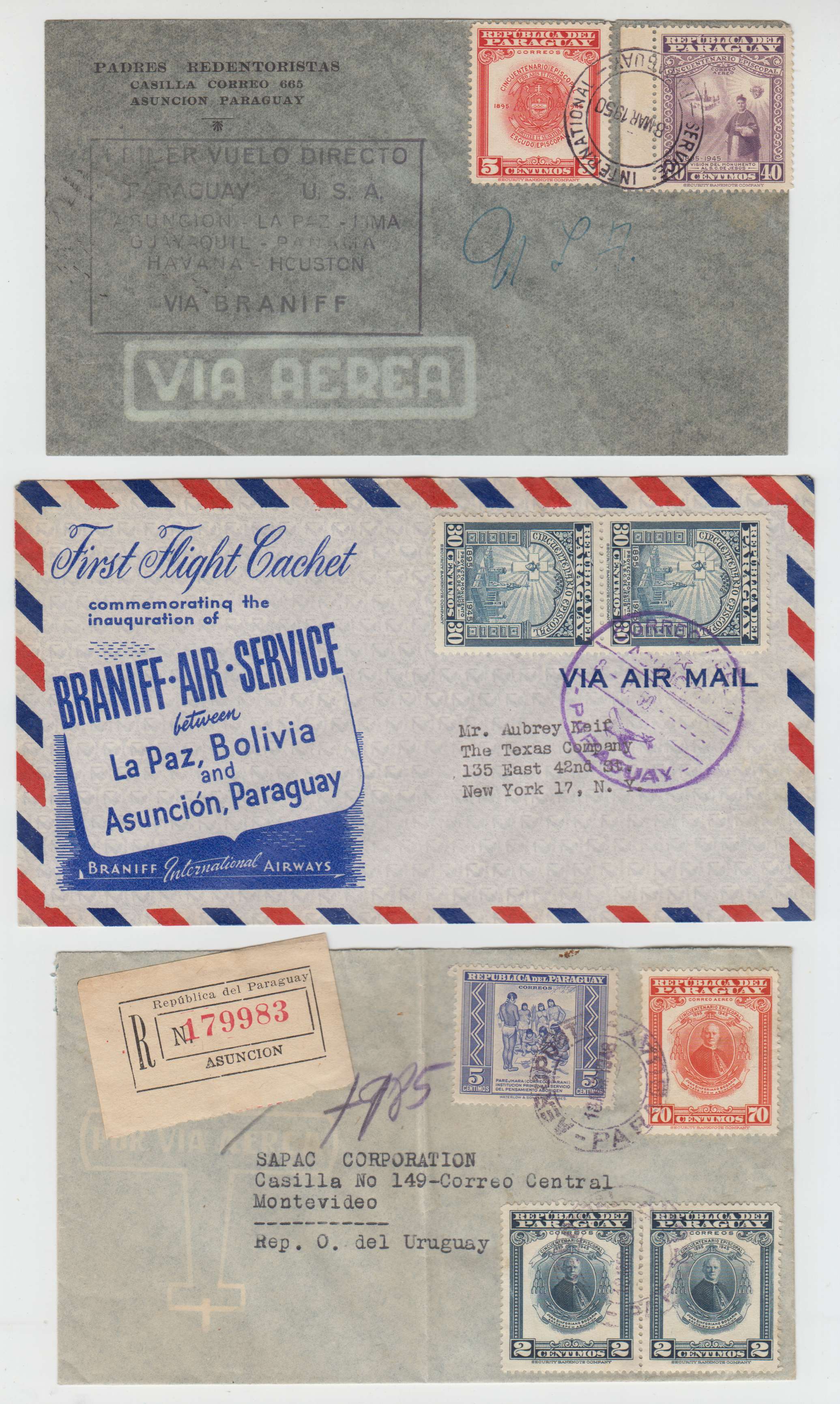 Paraguay 1948 — Archbishop of Asuncion issue on 9 covers including two Ff's to La Paz & Houston, Tx by…