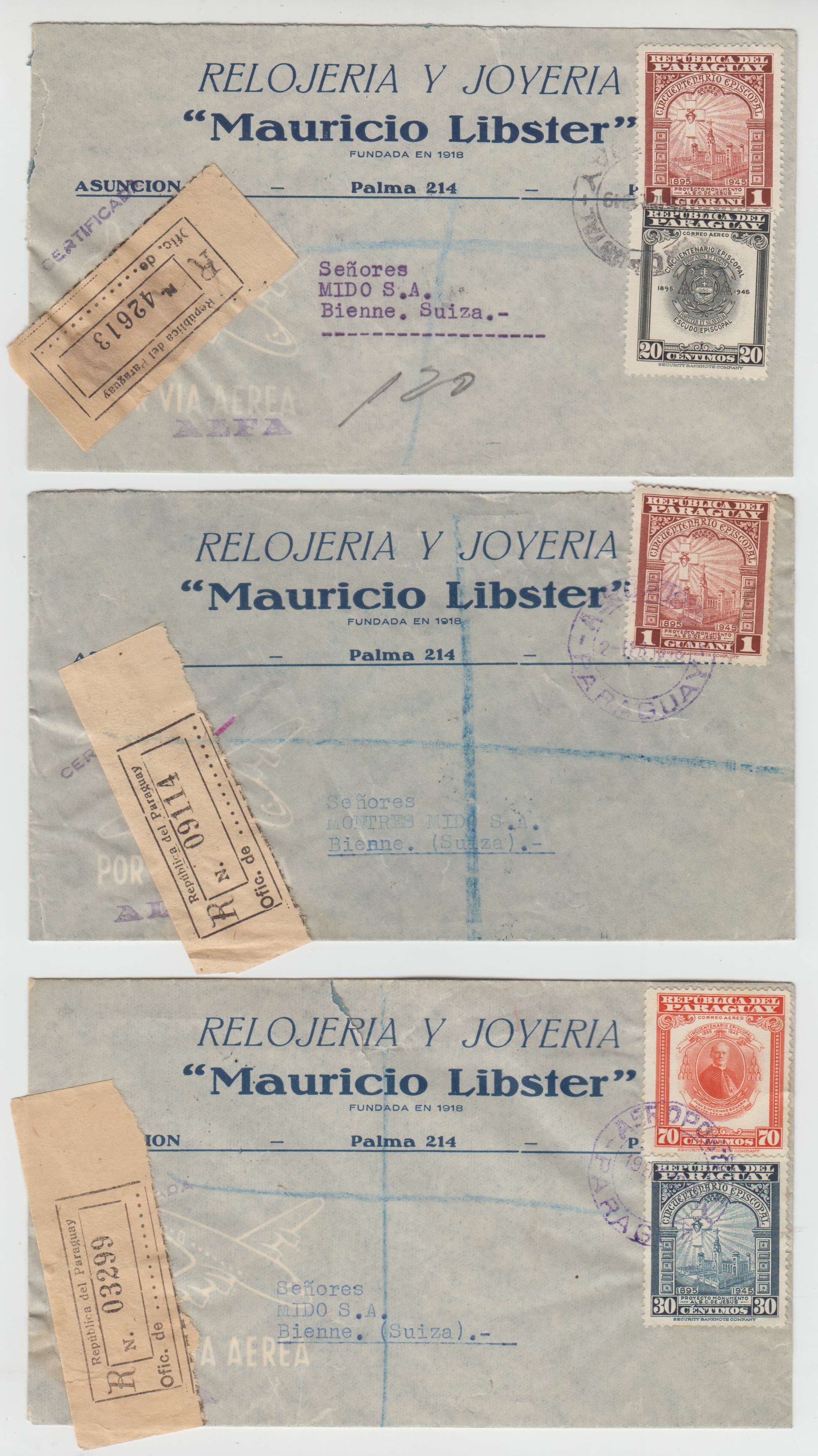 Paraguay 1948 — Archbishop of Asuncion issue on 9 covers including two Ff's to La Paz & Houston, Tx by…