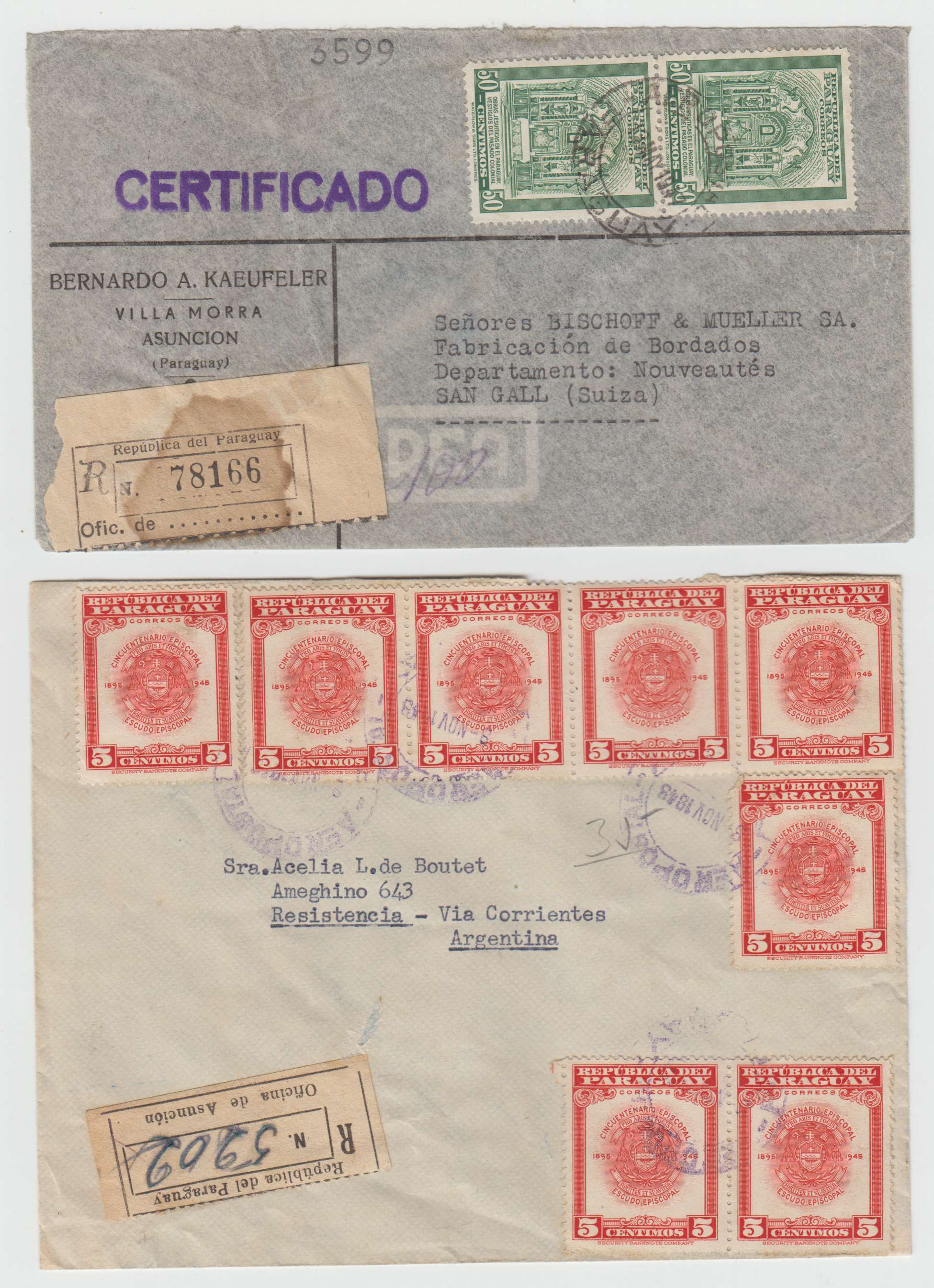 Paraguay 1948 — Archbishop of Asuncion issue on 9 covers including two Ff's to La Paz & Houston, Tx by…