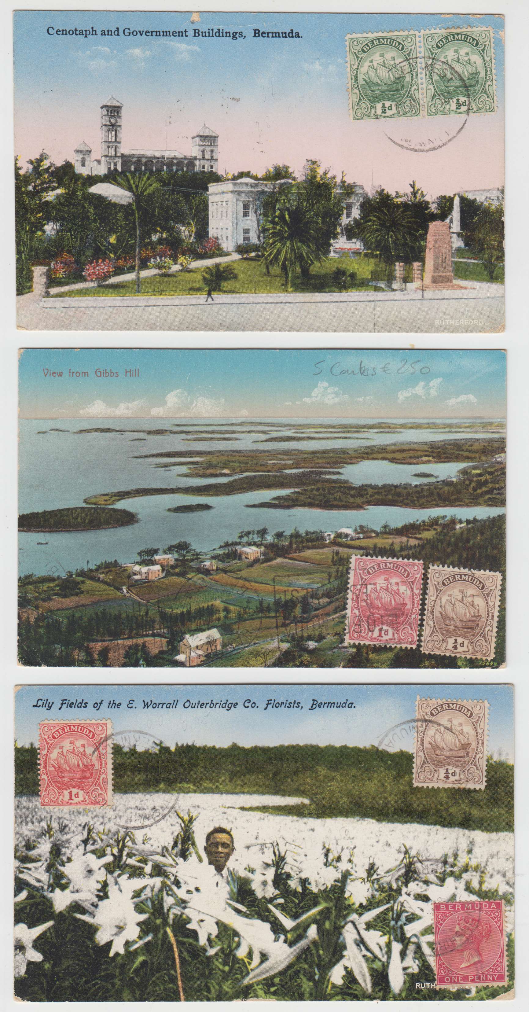 Bermuda 1929 — Better group of 5 color Ppc ́s used to France with views of Gibbs Hills, Lily Fields, St