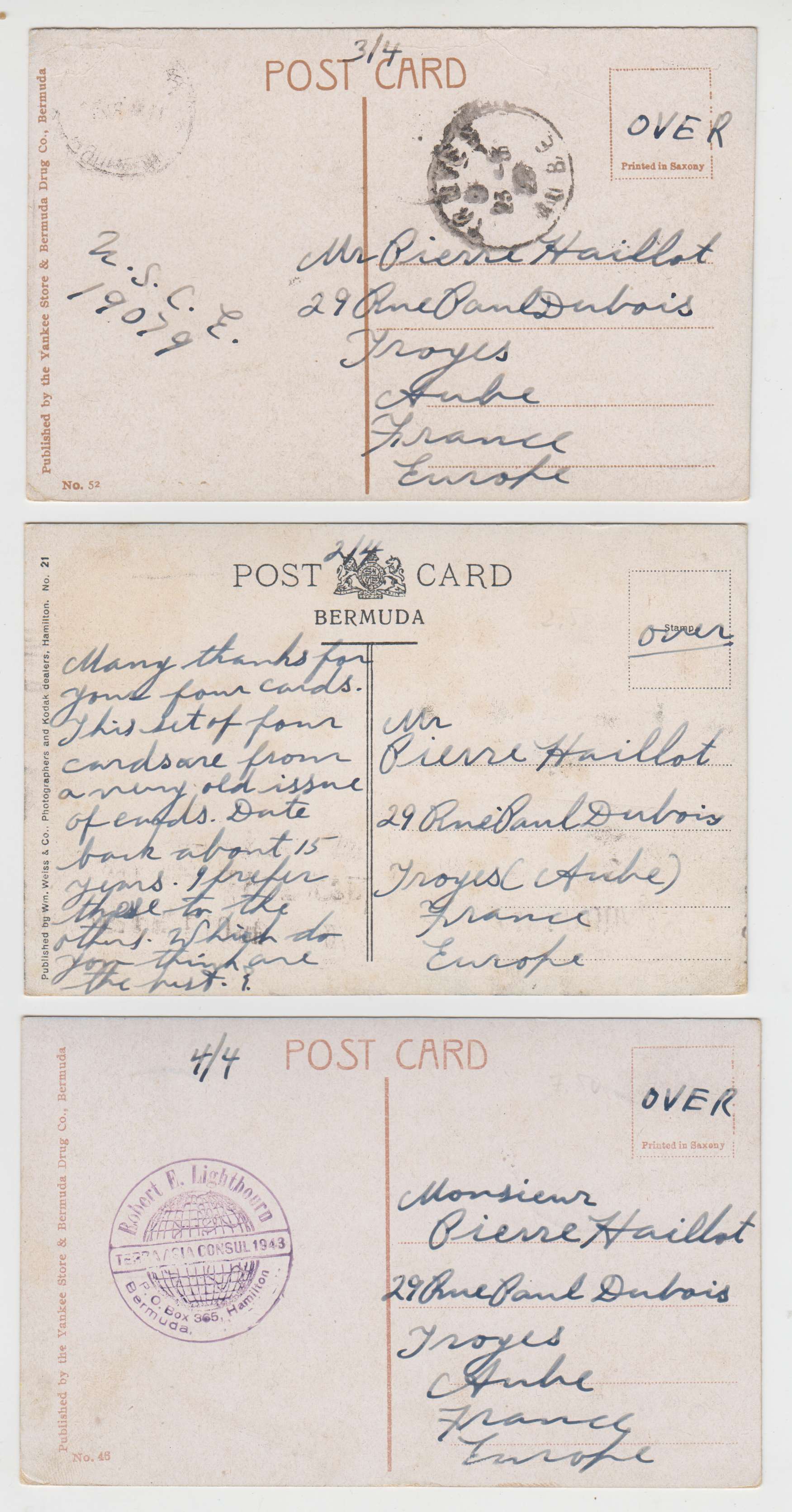 Bermuda 1929 — Better group of 5 color Ppc ́s used to France with views of Gibbs Hills, Lily Fields, St