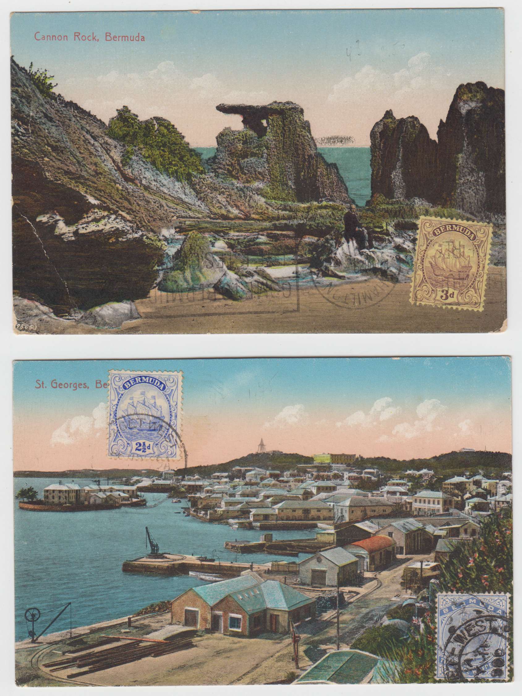 Bermuda 1929 — Better group of 5 color Ppc ́s used to France with views of Gibbs Hills, Lily Fields, St