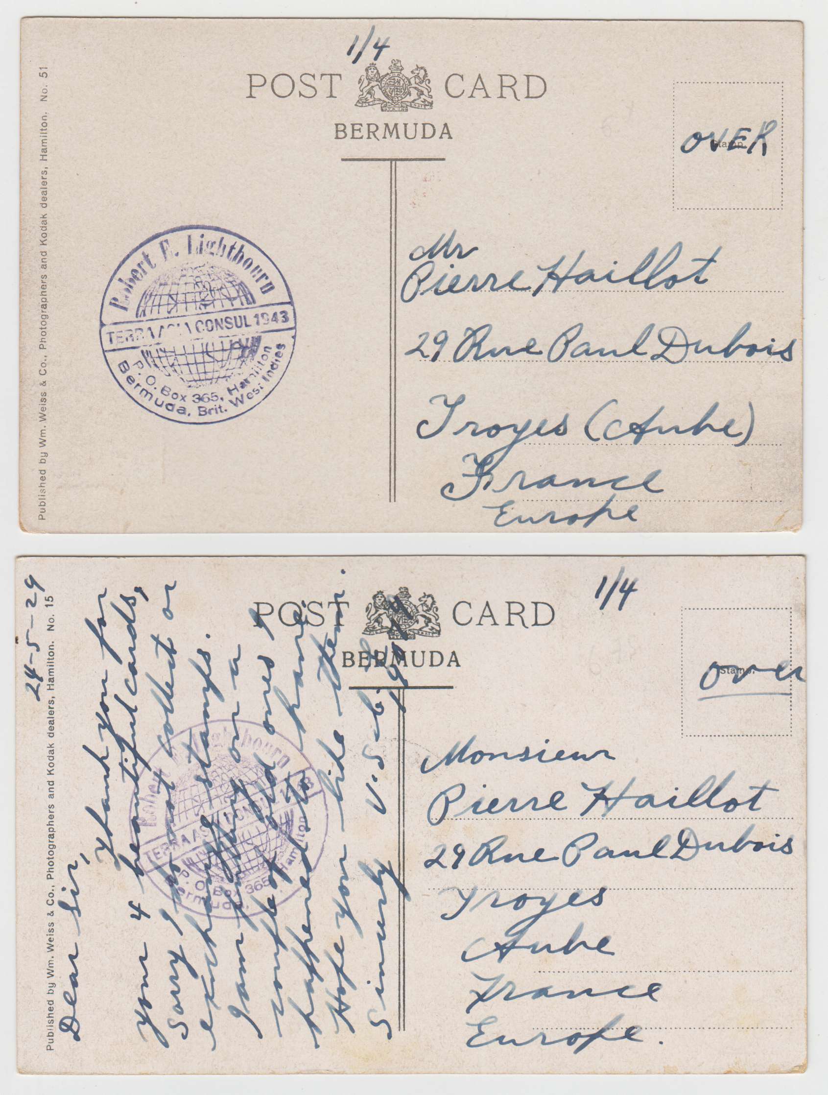 Bermuda 1929 — Better group of 5 color Ppc ́s used to France with views of Gibbs Hills, Lily Fields, St
