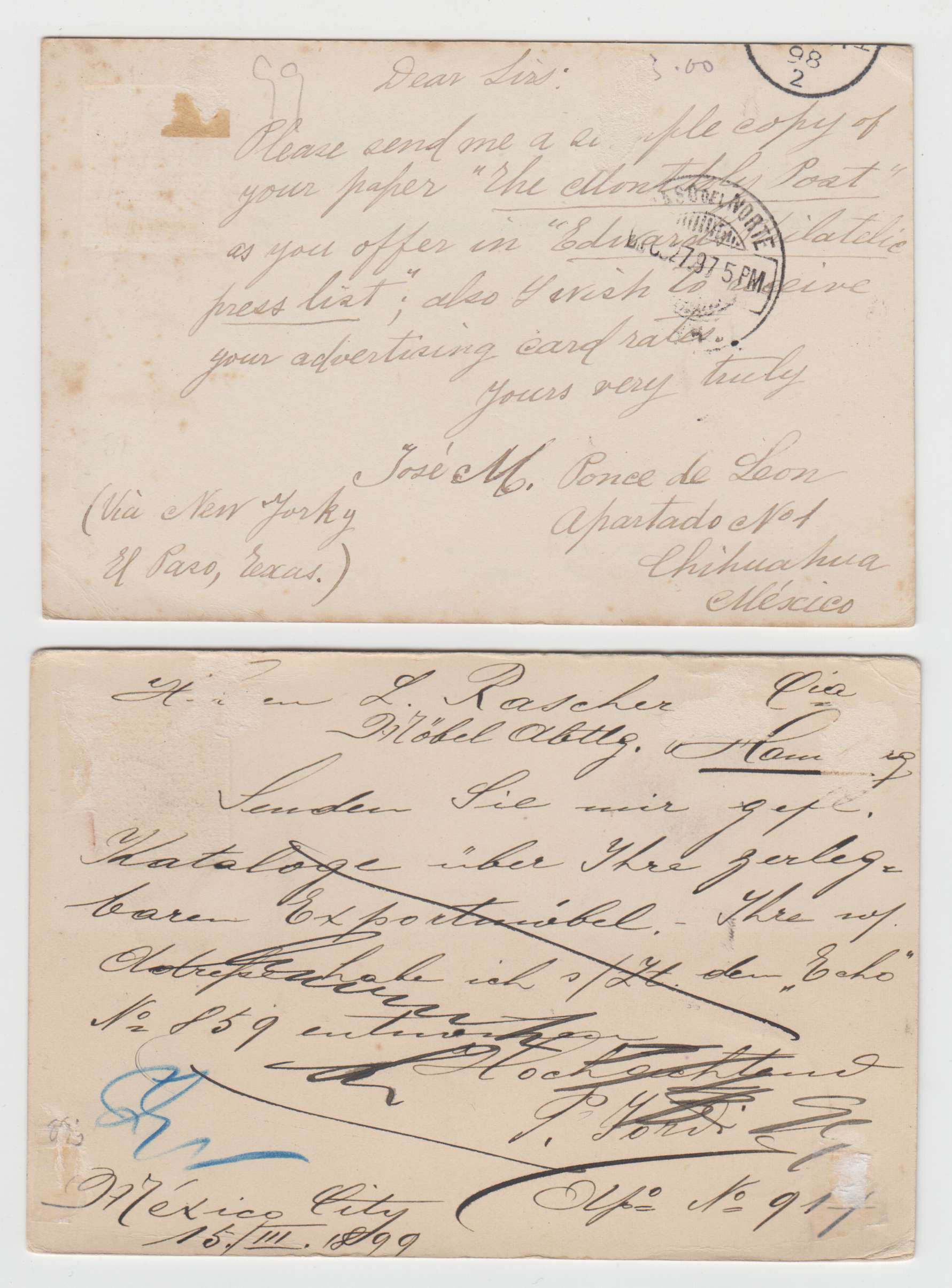 Mexico 1897 — Cards TO Europe & USA