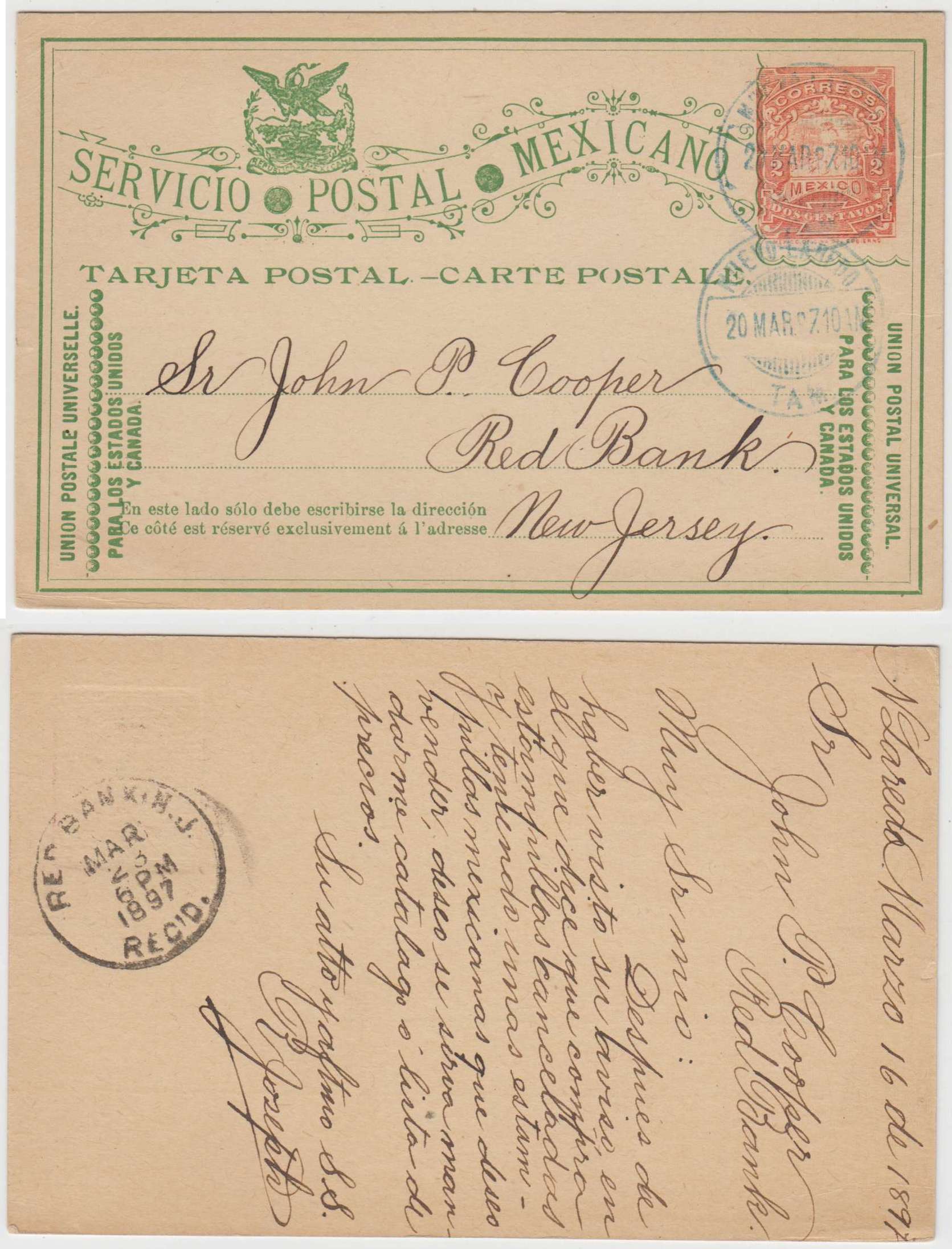Mexico 1897 — Mepsi Pc82 with choice blue "Nuevo Laredo Tam" 20 Mar 97 to New Jersey, USA with arrival…