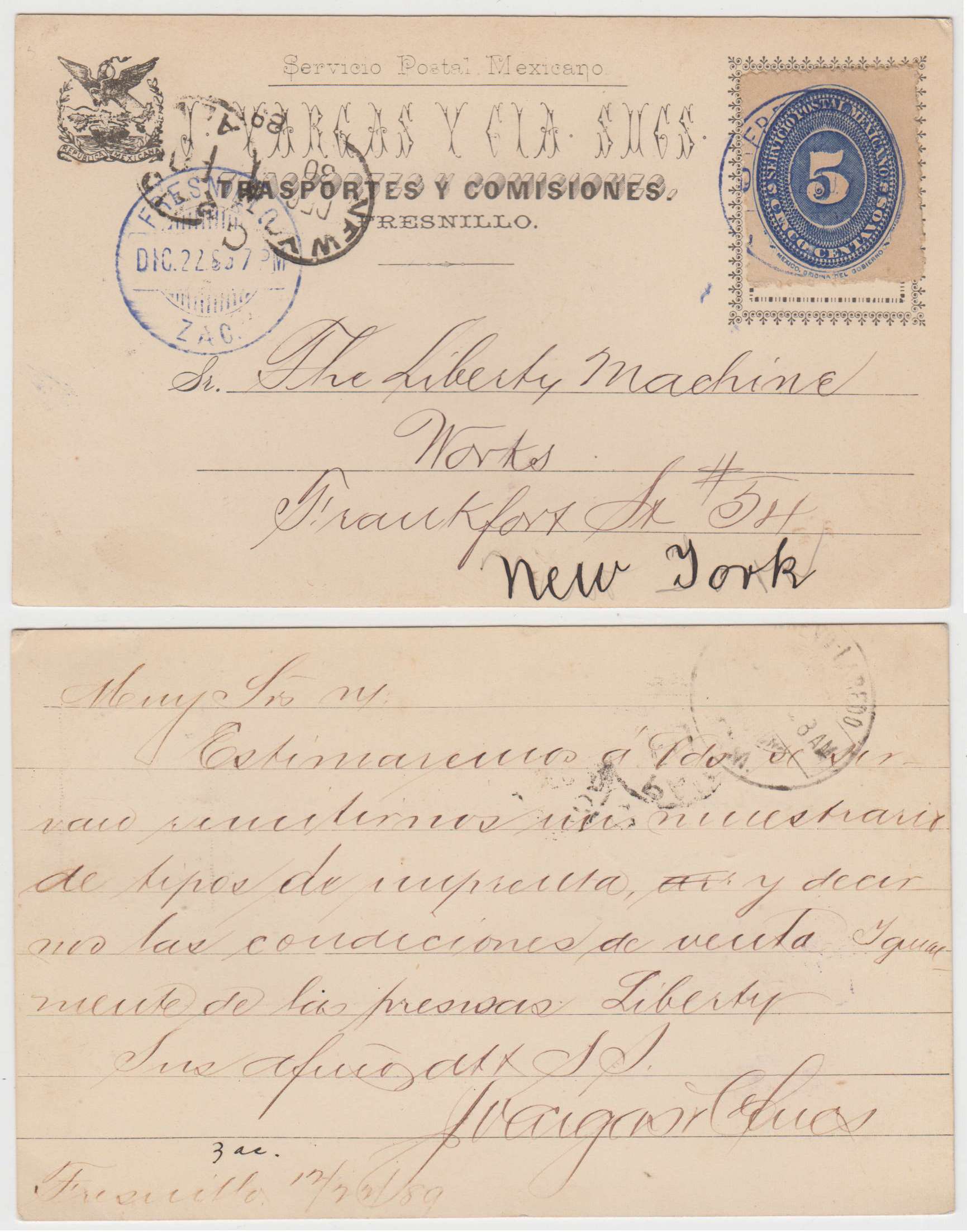 Mexico 1889 — Privately printed Formular card