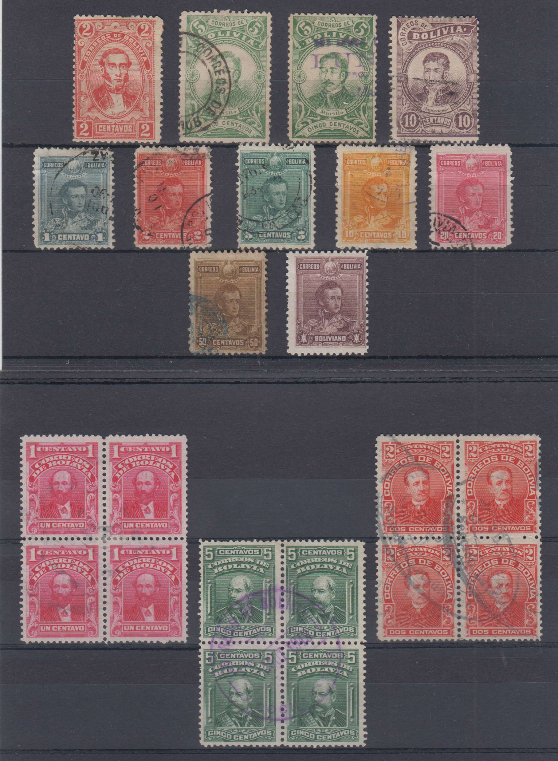 Bolivia 1897 — Scott 48-50, 62-68 (full set), 103-107 & 109