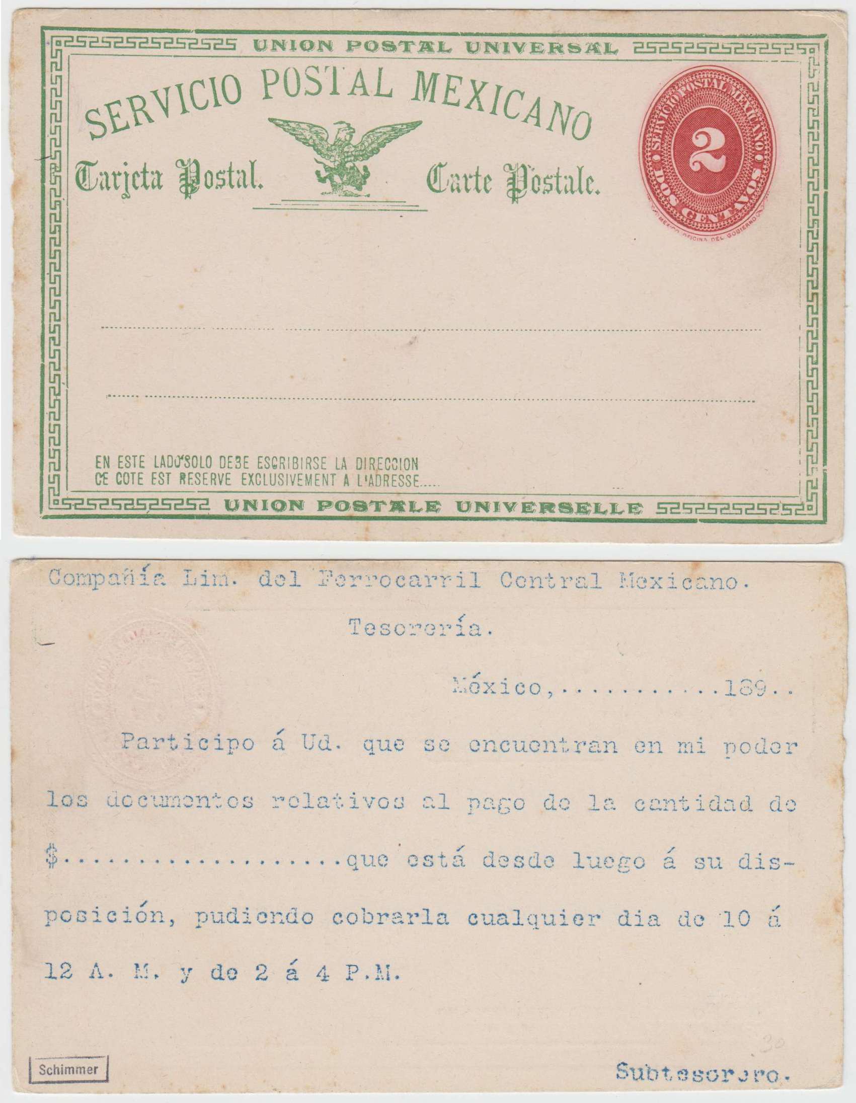 Mexico 1891 — Railroad Pretyped Card