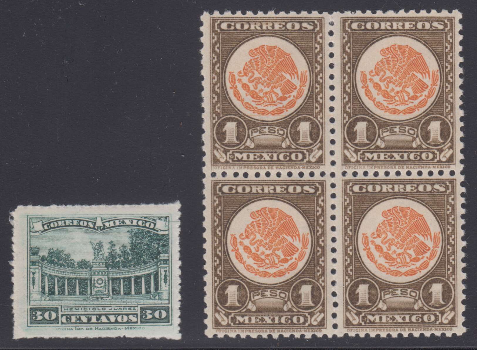 Mexico 1923 — Scott 641 & 850 top & key value, the later is a block of four
