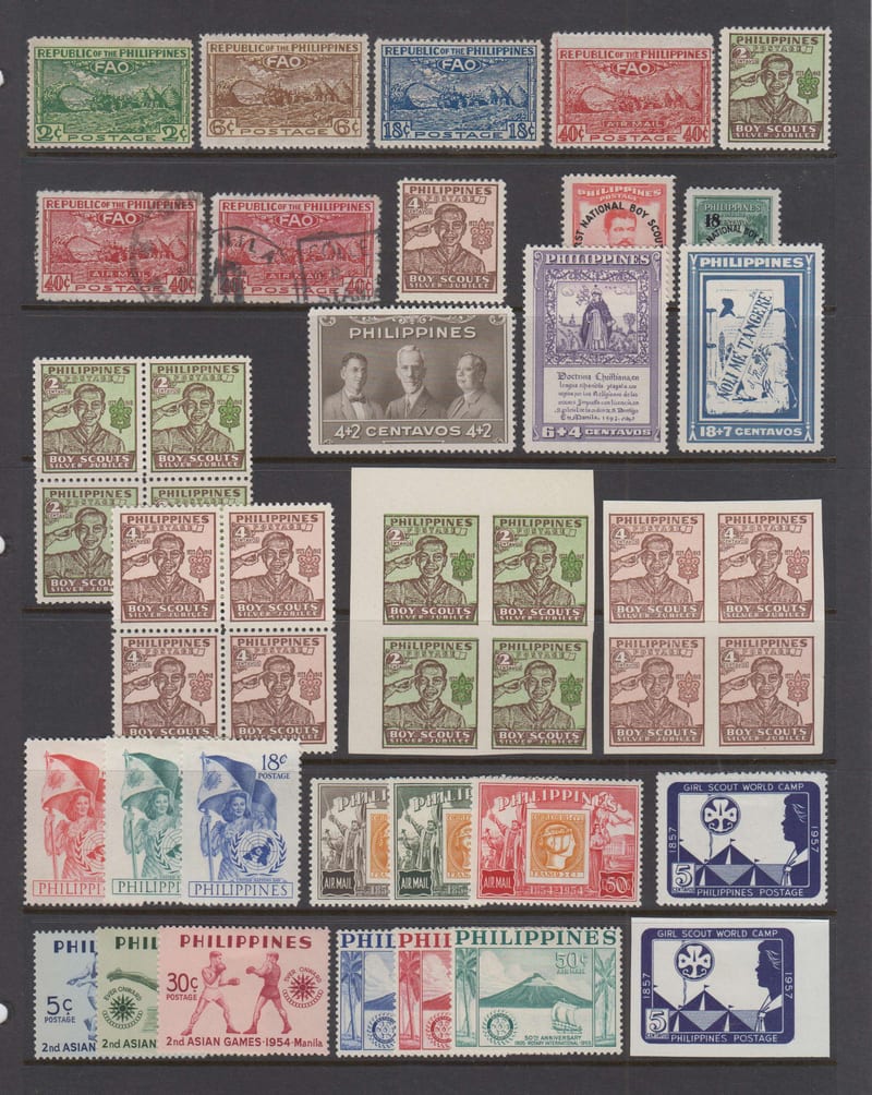 Philippines 1947 — Scott 516-518a, 522-524, C67, 528-529, 605-607 & C74-c76, 620-623, B1-b3 & Cb1-cb3
