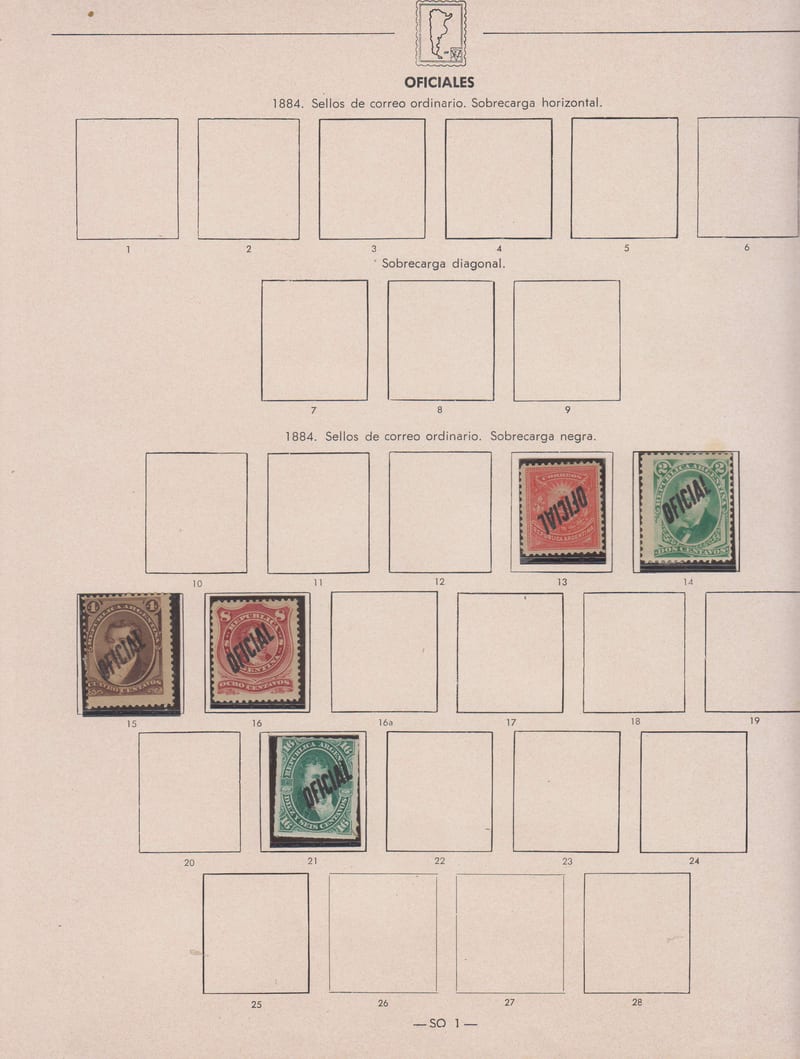 Argentina — Official Stamps collection on 20 album pages featuring Scott 01 thru 0163 not complete…
