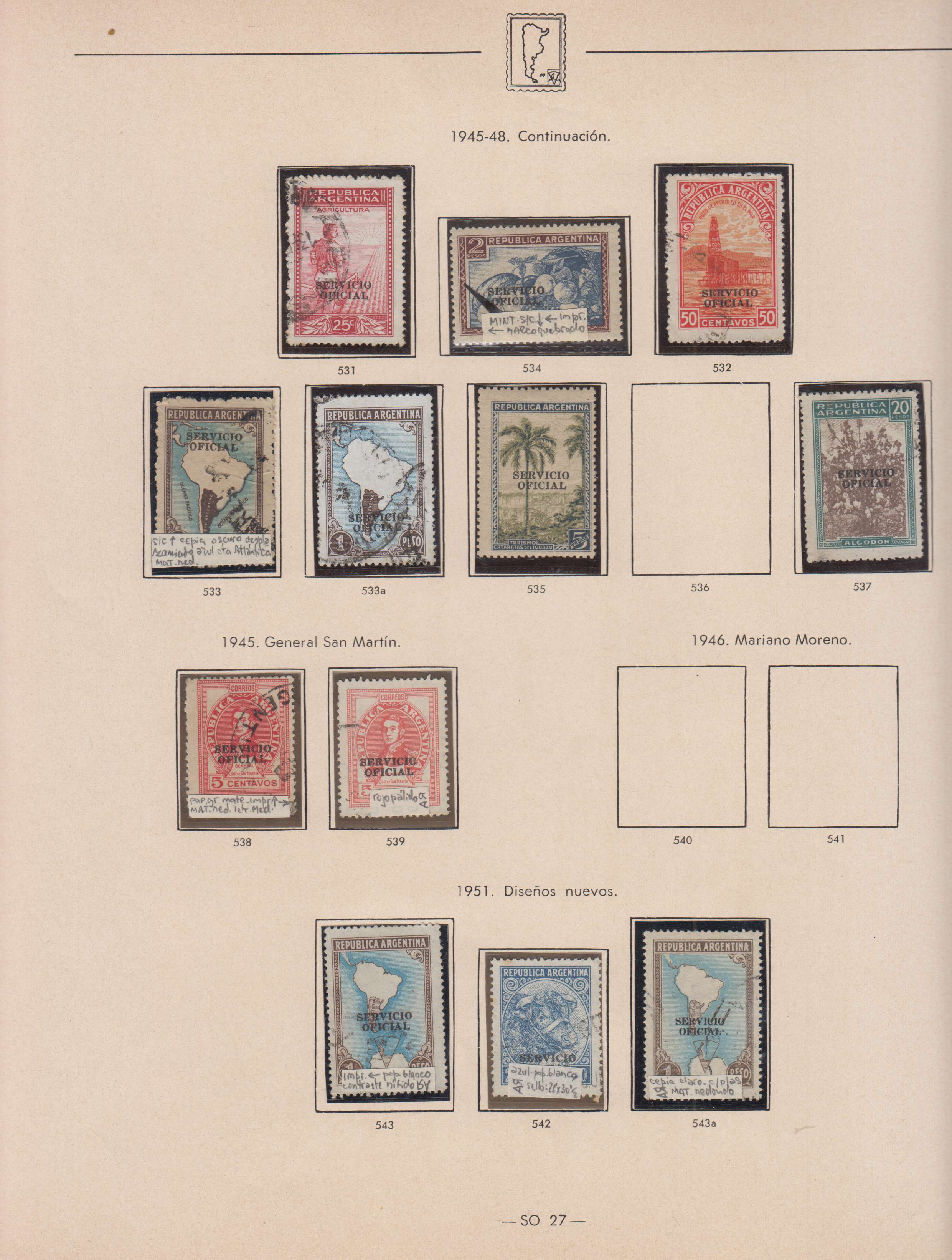 Argentina — Official Stamps collection on 20 album pages featuring Scott 01 thru 0163 not complete…