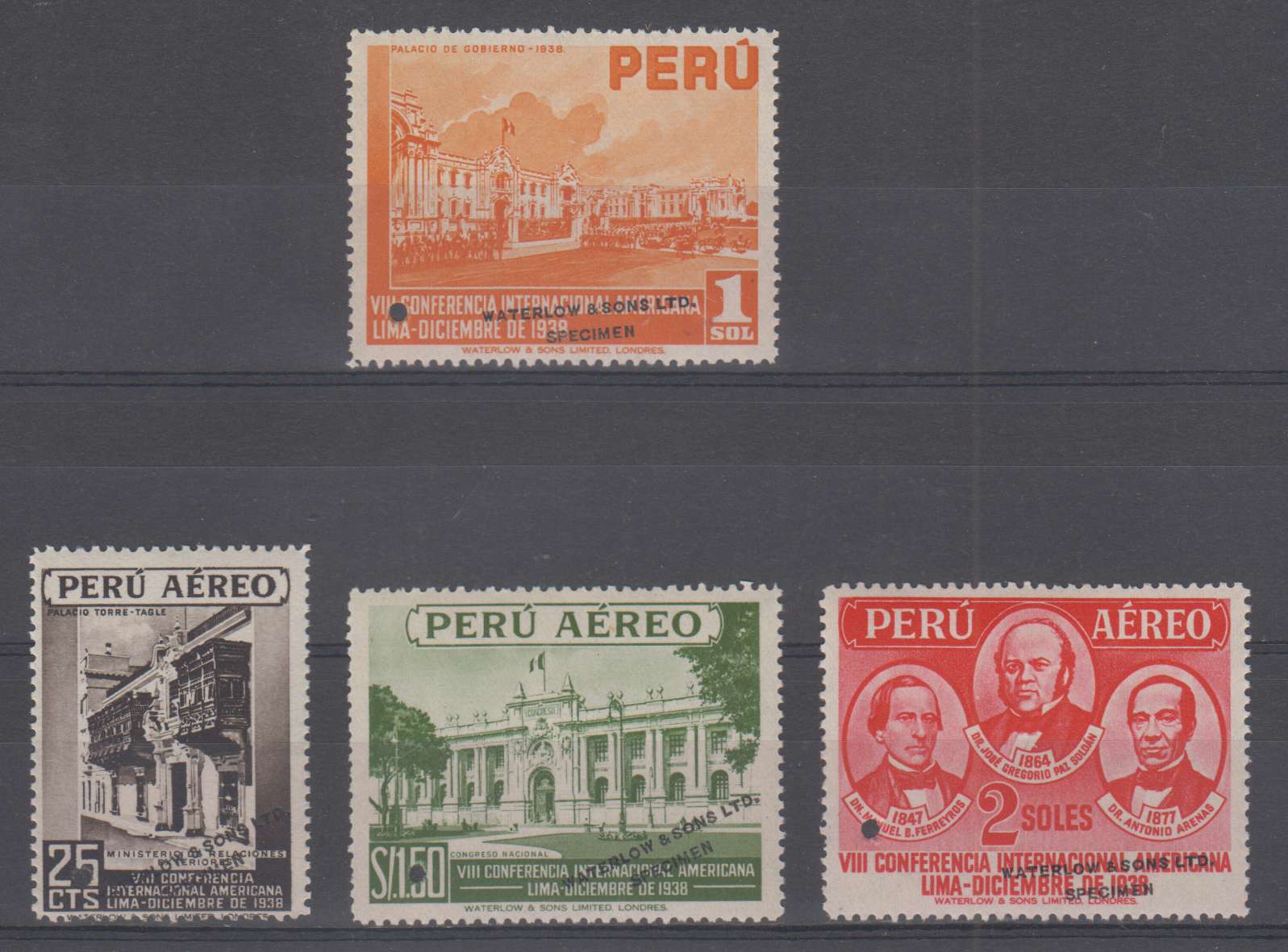 Peru 1938 — Scott 387 top value & C62-c64 full airpost set