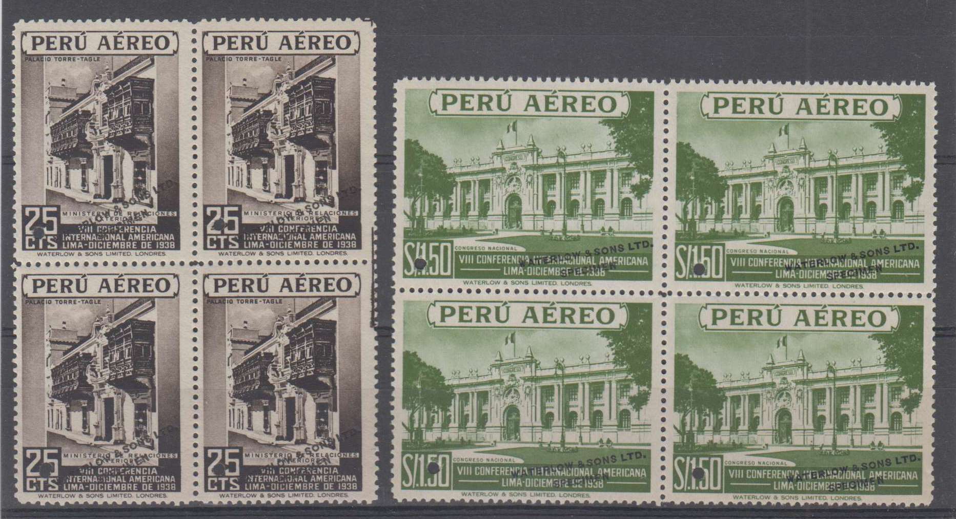 Peru 1938 — Scott 387 top value & C62-c64 full airpost set