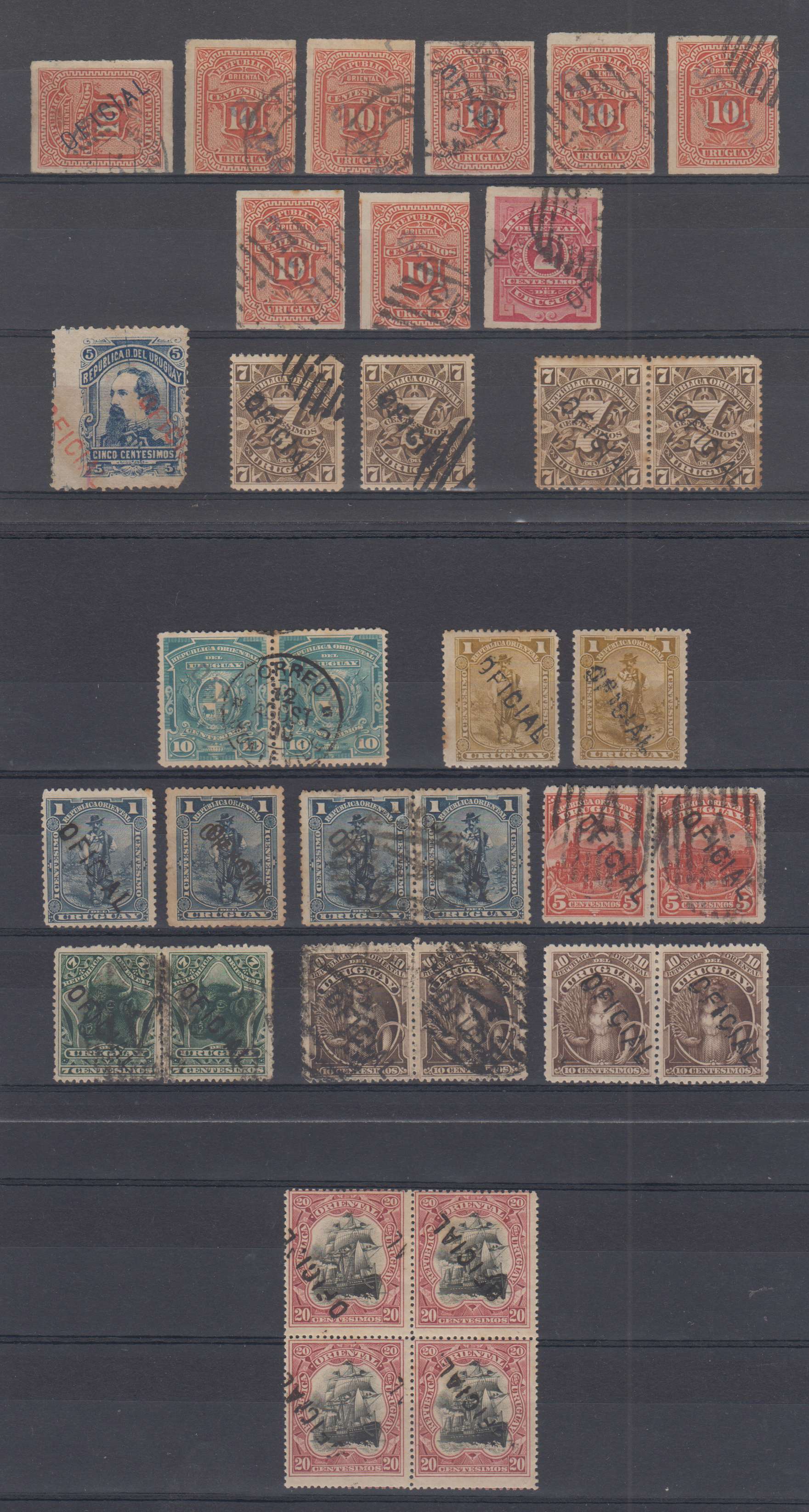 Uruguay 1880 — Official Handstamped stamps assortment with 14 singles, 8 pairs & a Block of four,…