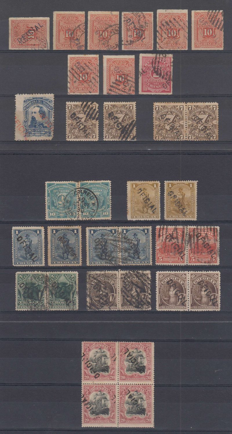 Uruguay 1880 — Official Handstamped stamps assortment with 14 singles, 8 pairs & a Block of four…