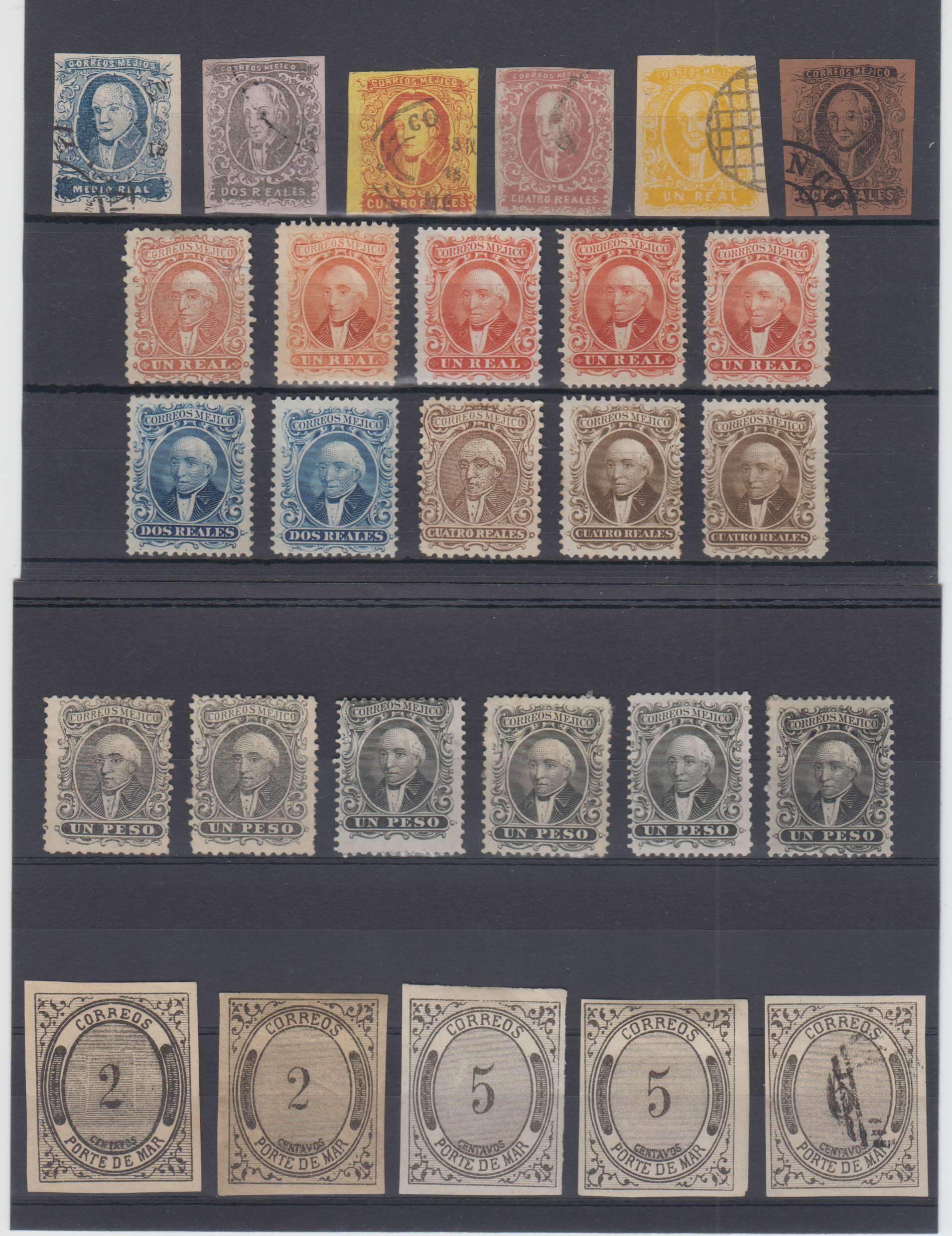 Mexico 1856 — Group of 40 forgeries on cards including Hidalgos & Porte de Mar issues