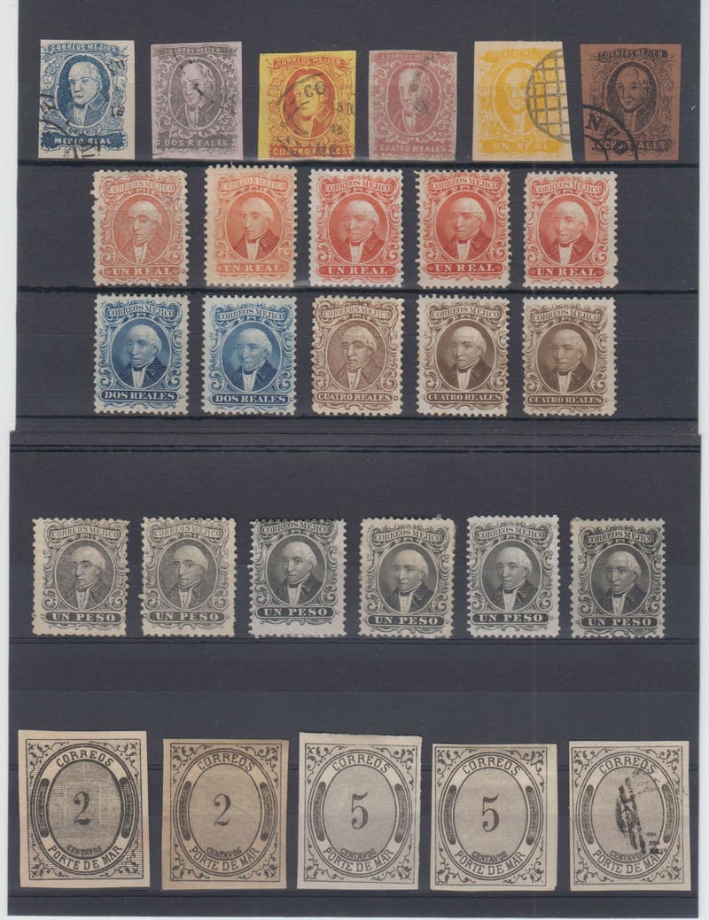 Mexico 1856 — Group of 40 forgeries on cards including Hidalgos & Porte de Mar issues