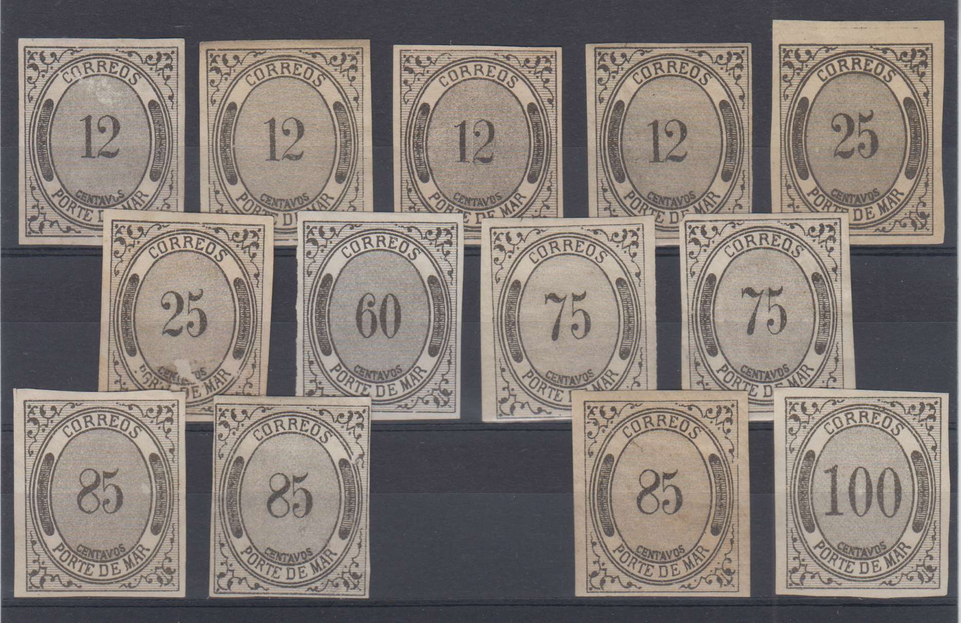 Mexico 1856 — Group of 40 forgeries on cards including Hidalgos & Porte de Mar issues