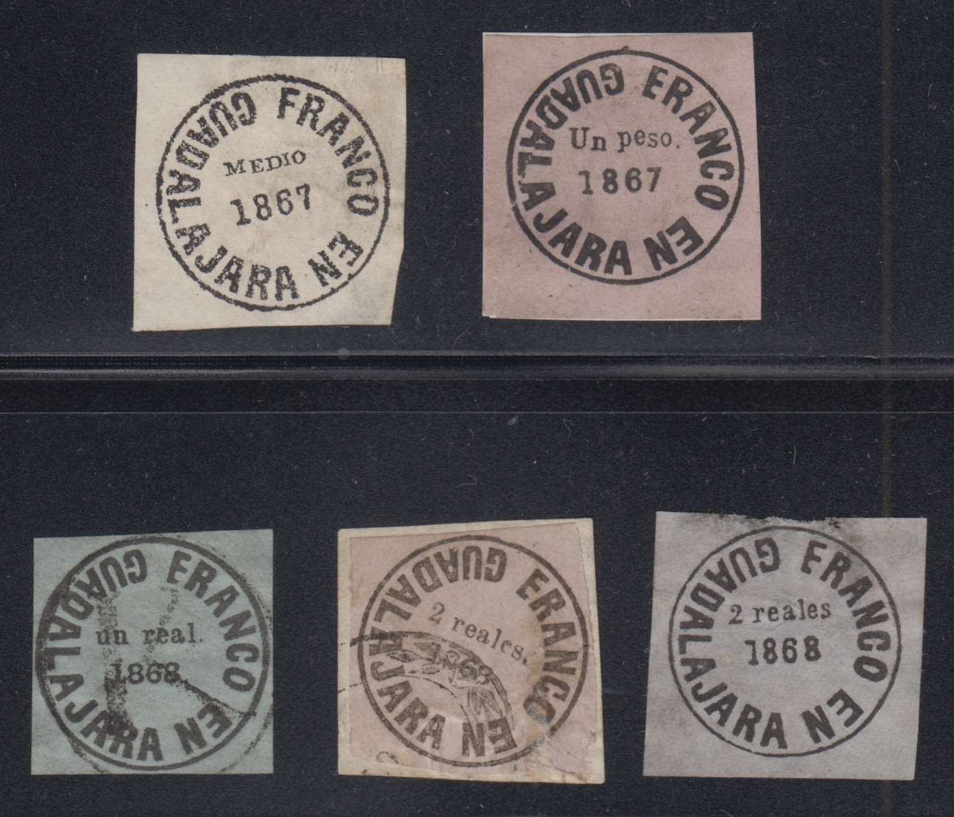 Mexico 1867 — Group of 5 singles on card