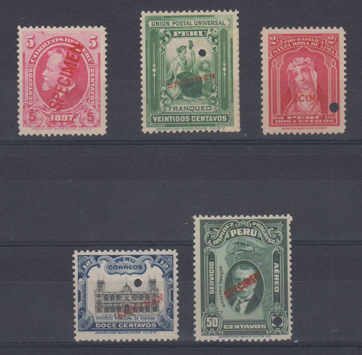 Peru 1897 — Better group of 6 perf proofs, overprinted "Specimen" with four punch holed