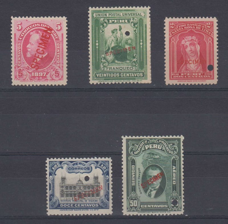 Peru 1897 — Better group of 6 perf proofs, overprinted "Specimen" with four punch holed