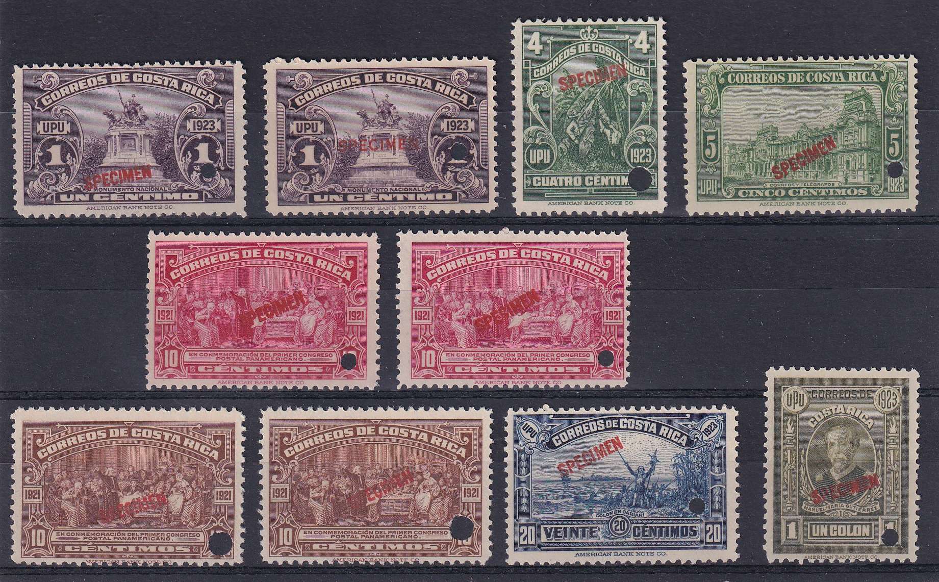 Costa Rica 1923 — Scott 117, 119, 121-123 & 125-127 top values