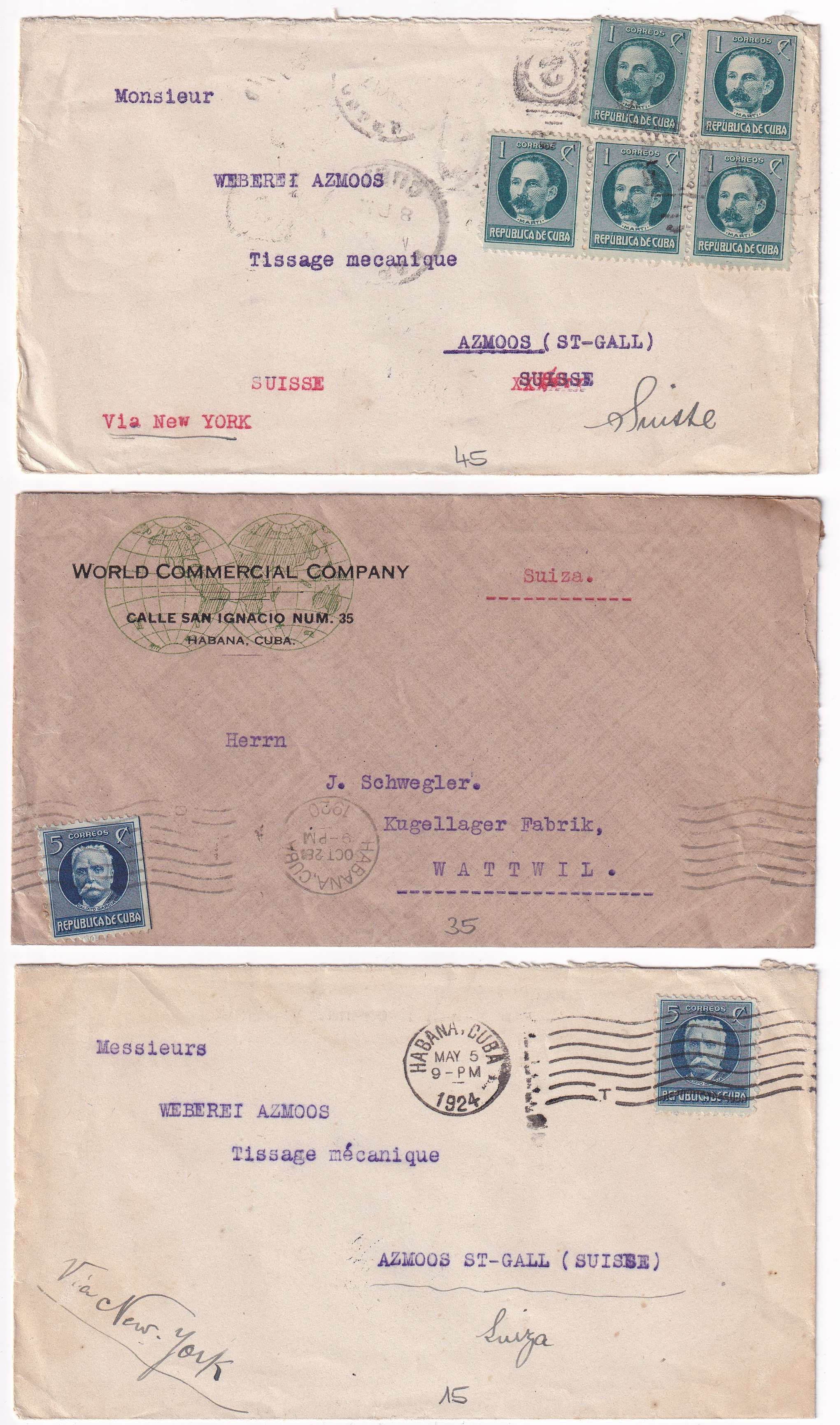 Cuba 1920 — Better collections of 15 surface or airmail covers to Switzerland with better