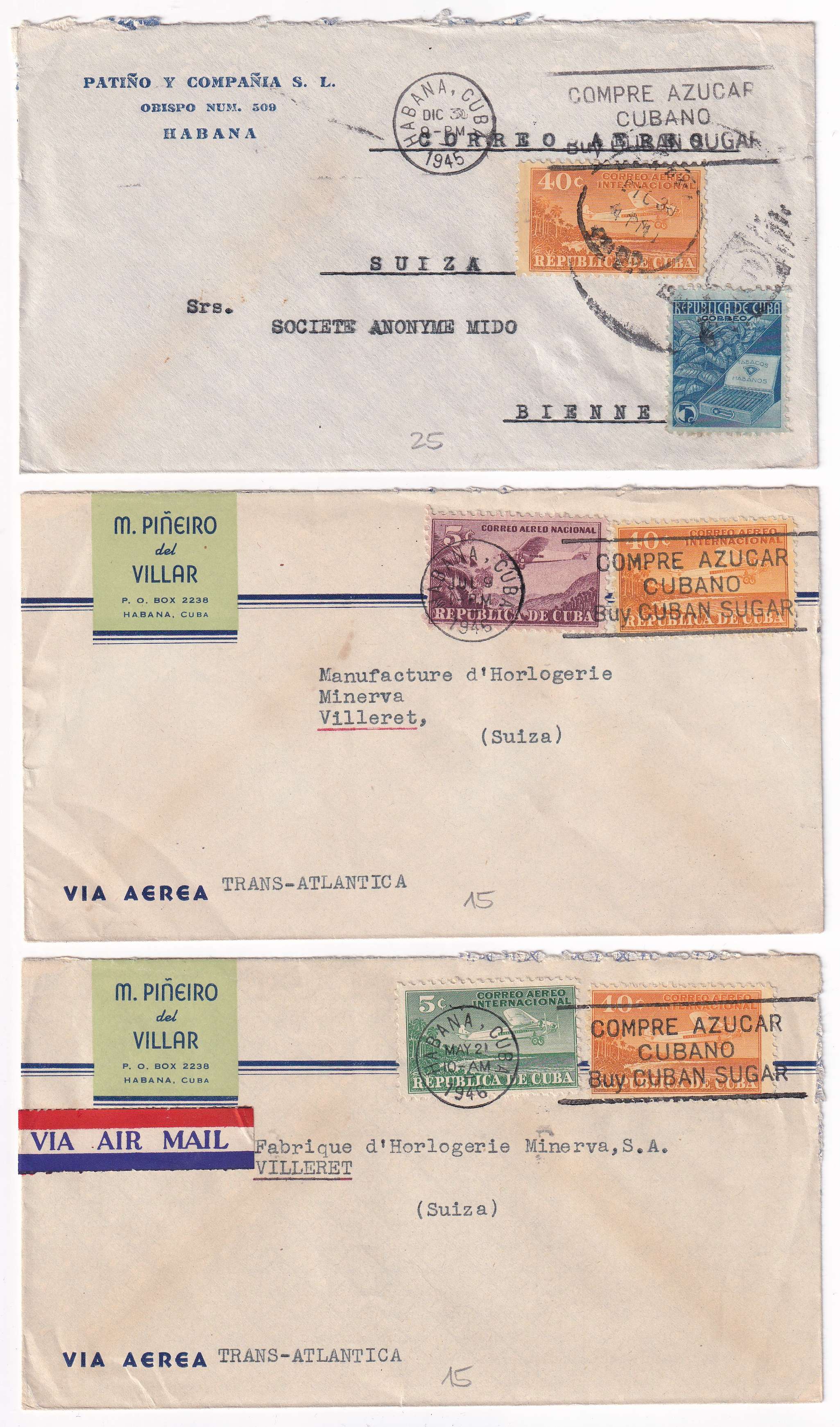 Cuba 1920 — Better collections of 15 surface or airmail covers to Switzerland with better