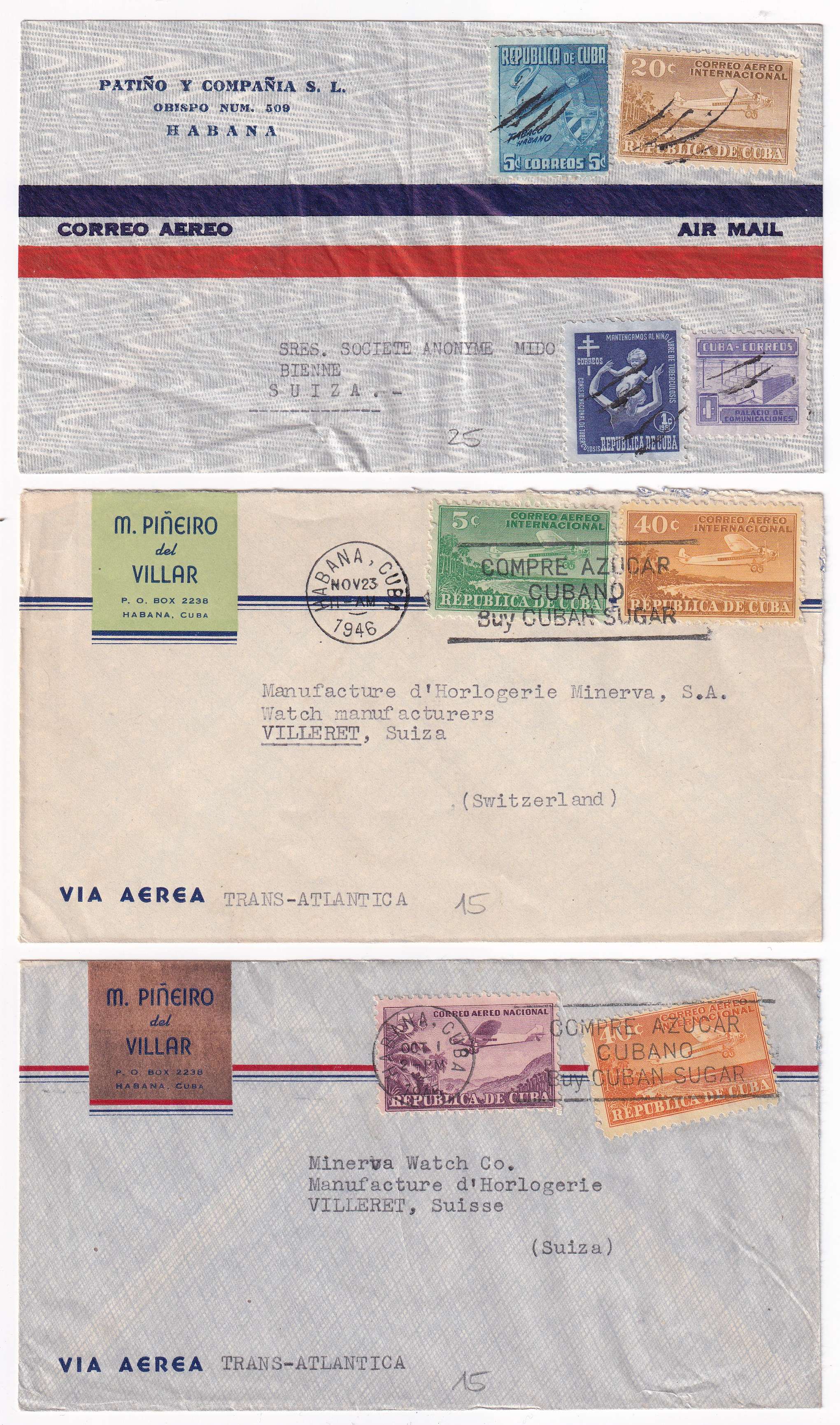 Cuba 1920 — Better collections of 15 surface or airmail covers to Switzerland with better