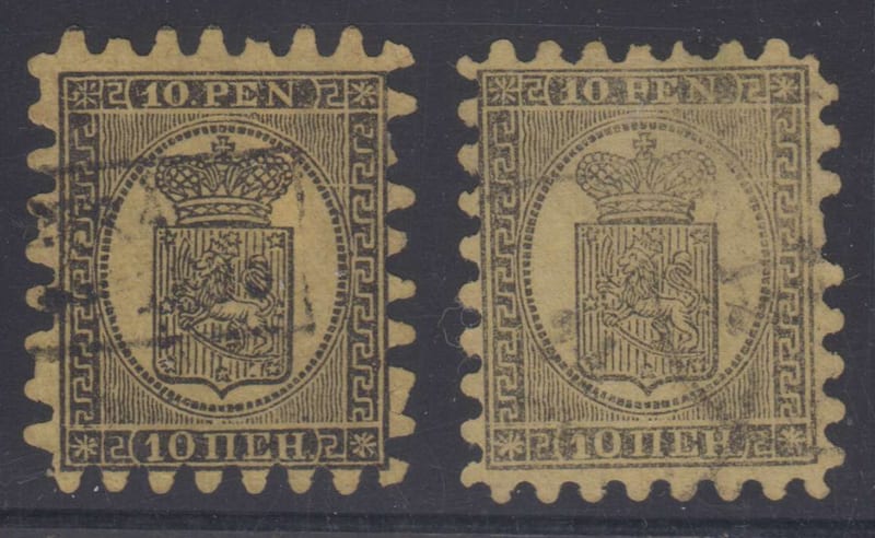 Finland 1866 — Scott 8a & 8b, roulette II & I respectively