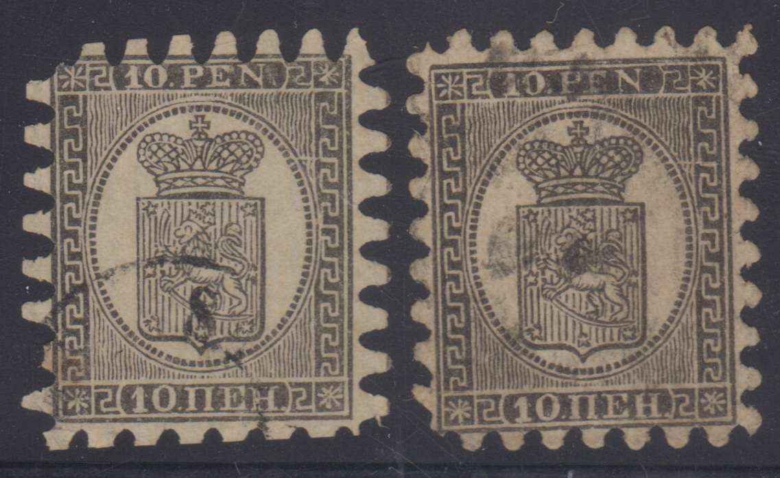 Finland 1866 — Scott 13 & 13b, laid paper roulette III & I respectively