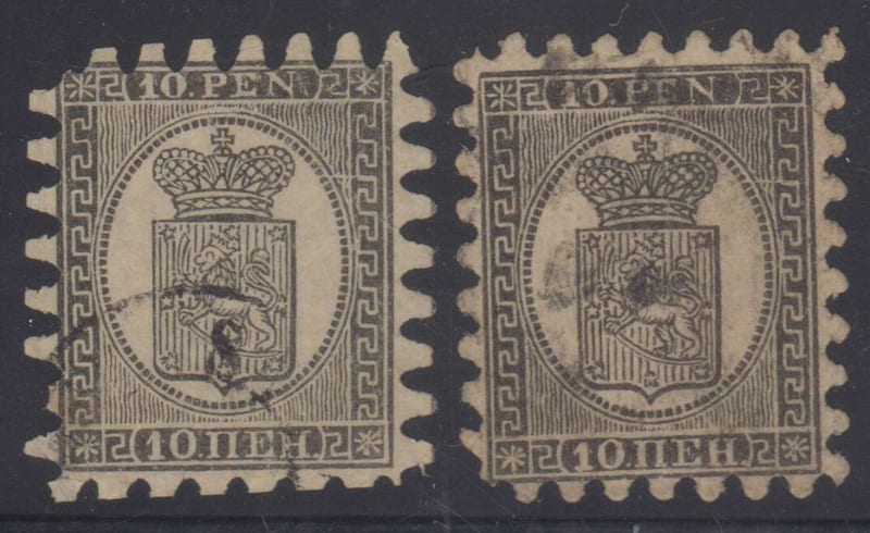 Finland 1866 — Scott 13 & 13b, laid paper roulette III & I respectively