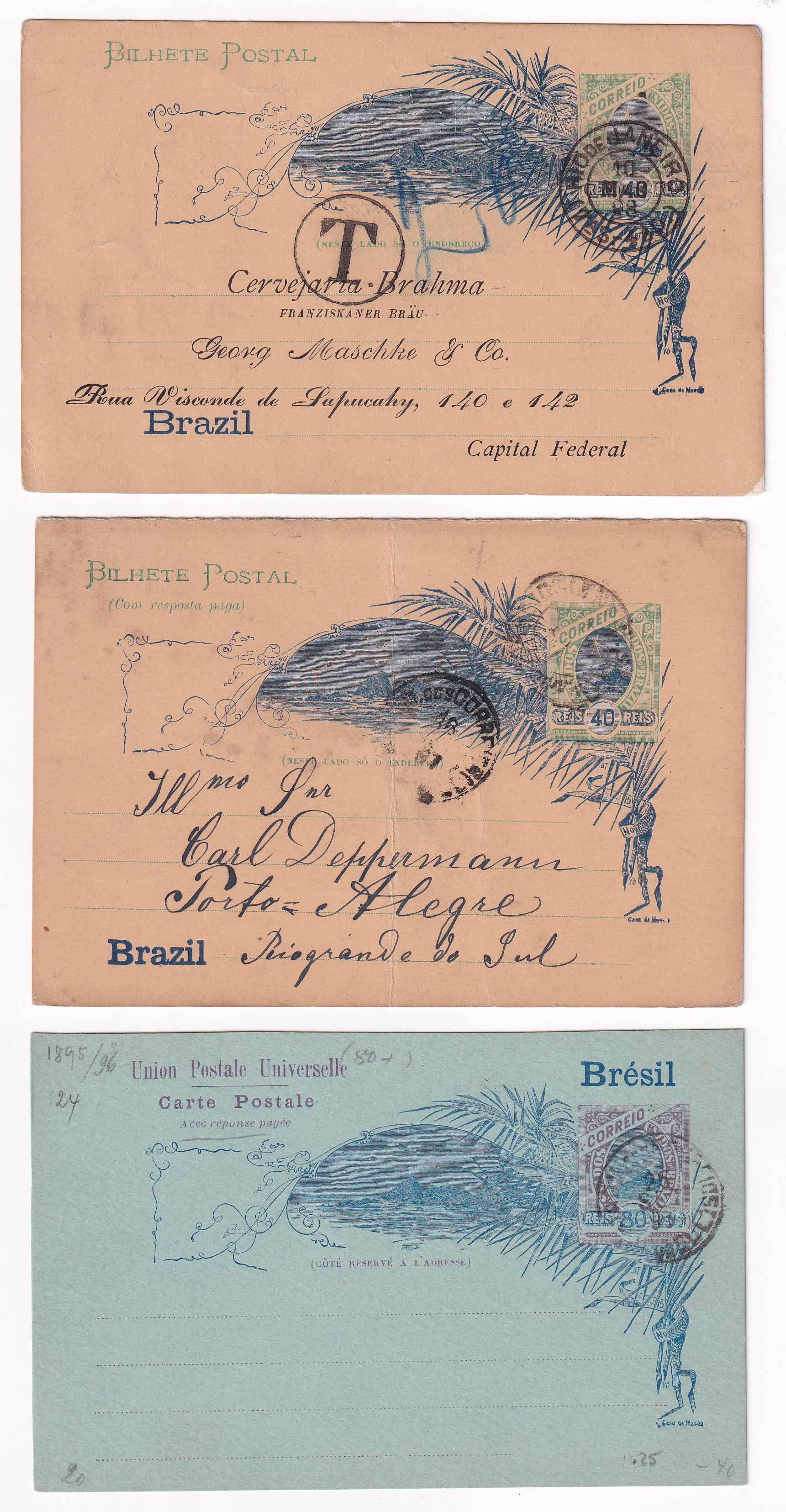 Brazil 1898 — Group of 8 entires used domestically including one due rated "T"