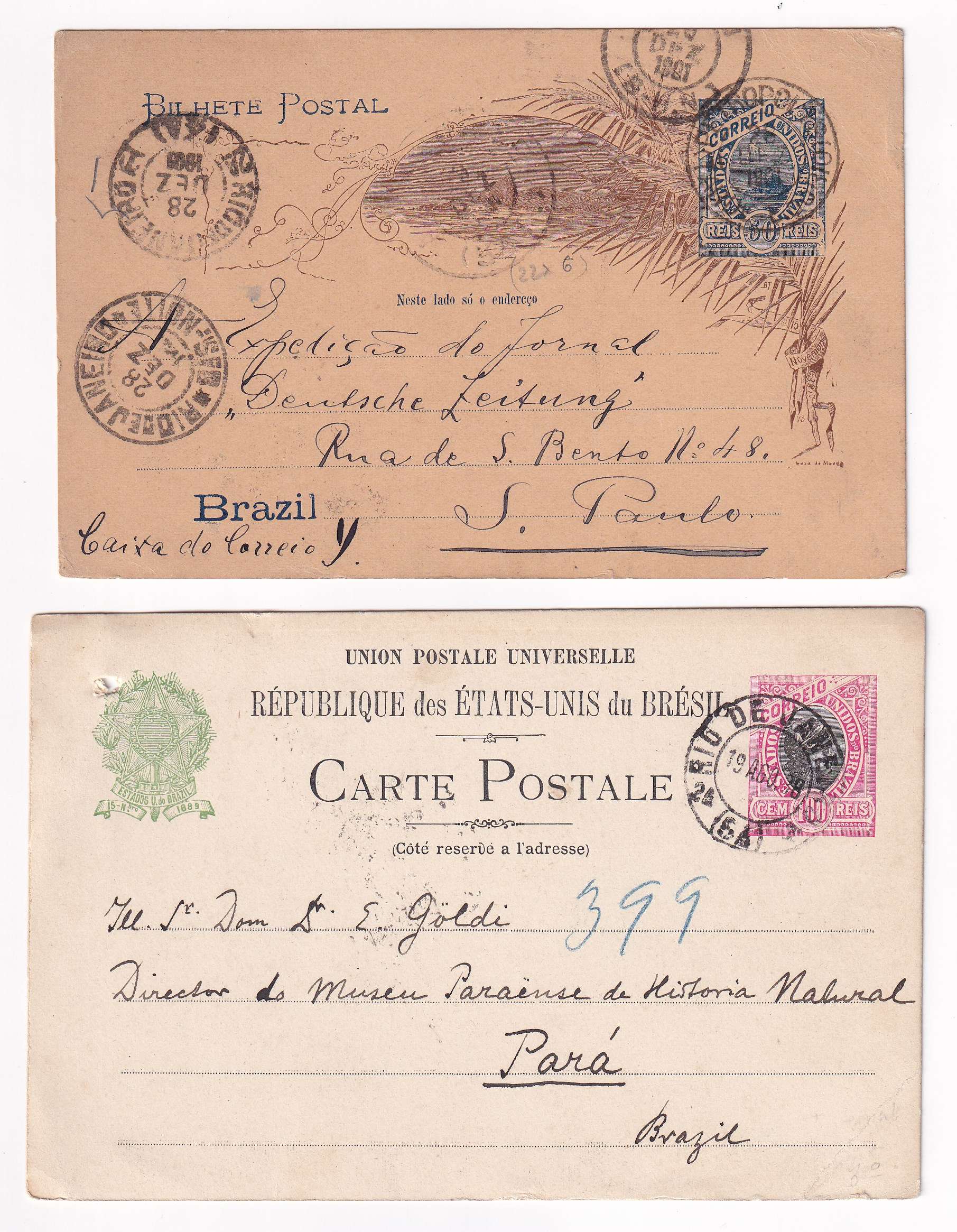 Brazil 1898 — Group of 8 entires used domestically including one due rated "T"