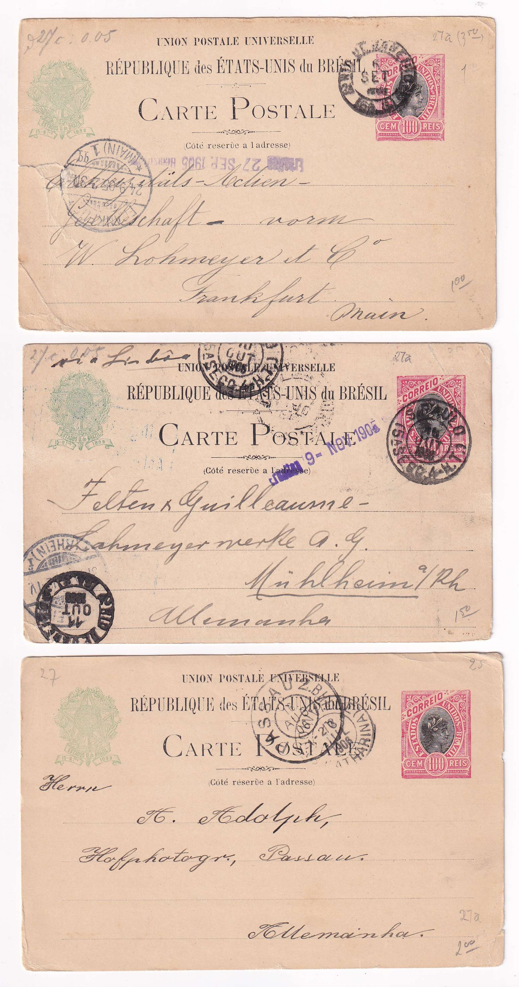 Brazil 1895 — Collection of 21 entires to Germany