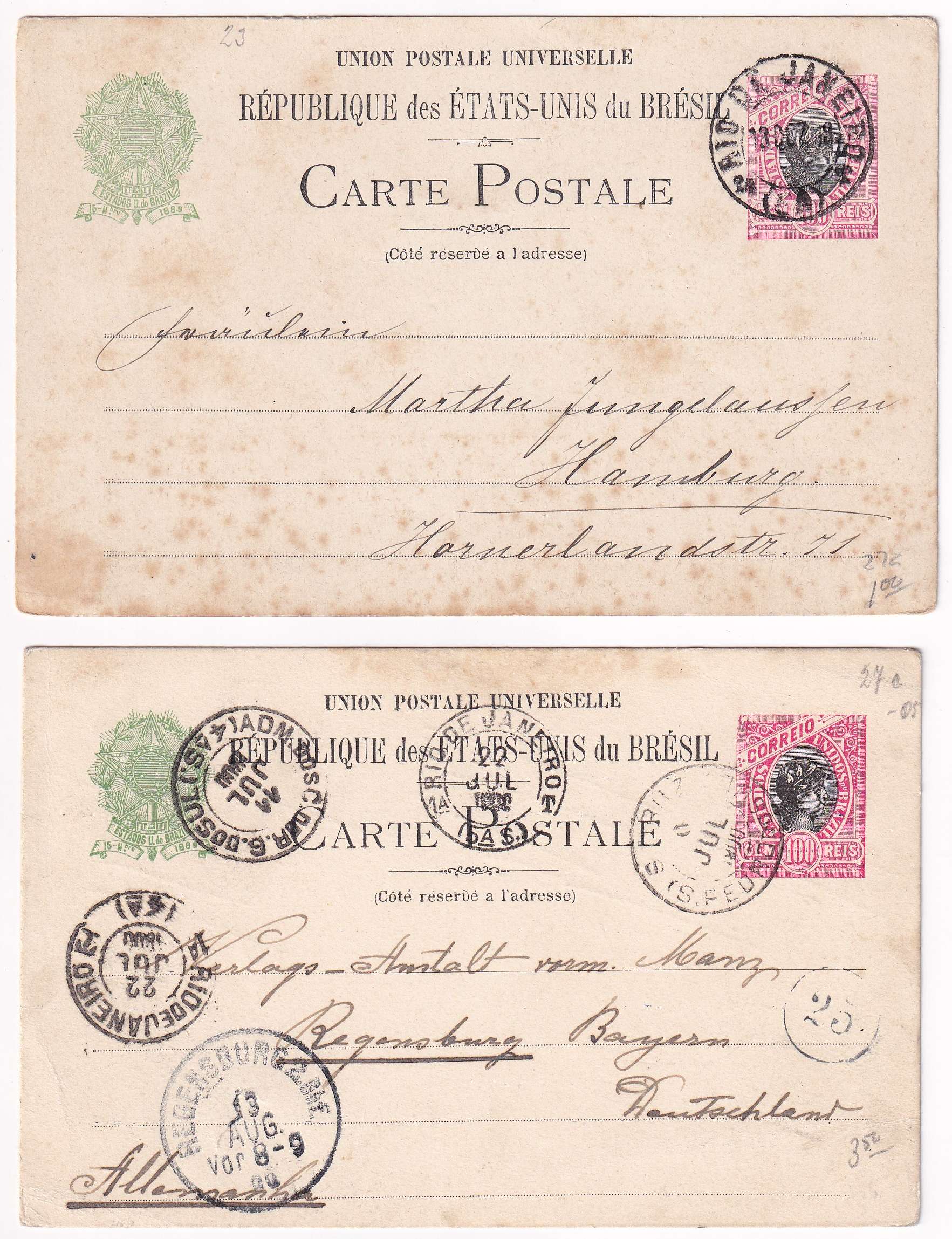 Brazil 1895 — Collection of 21 entires to Germany