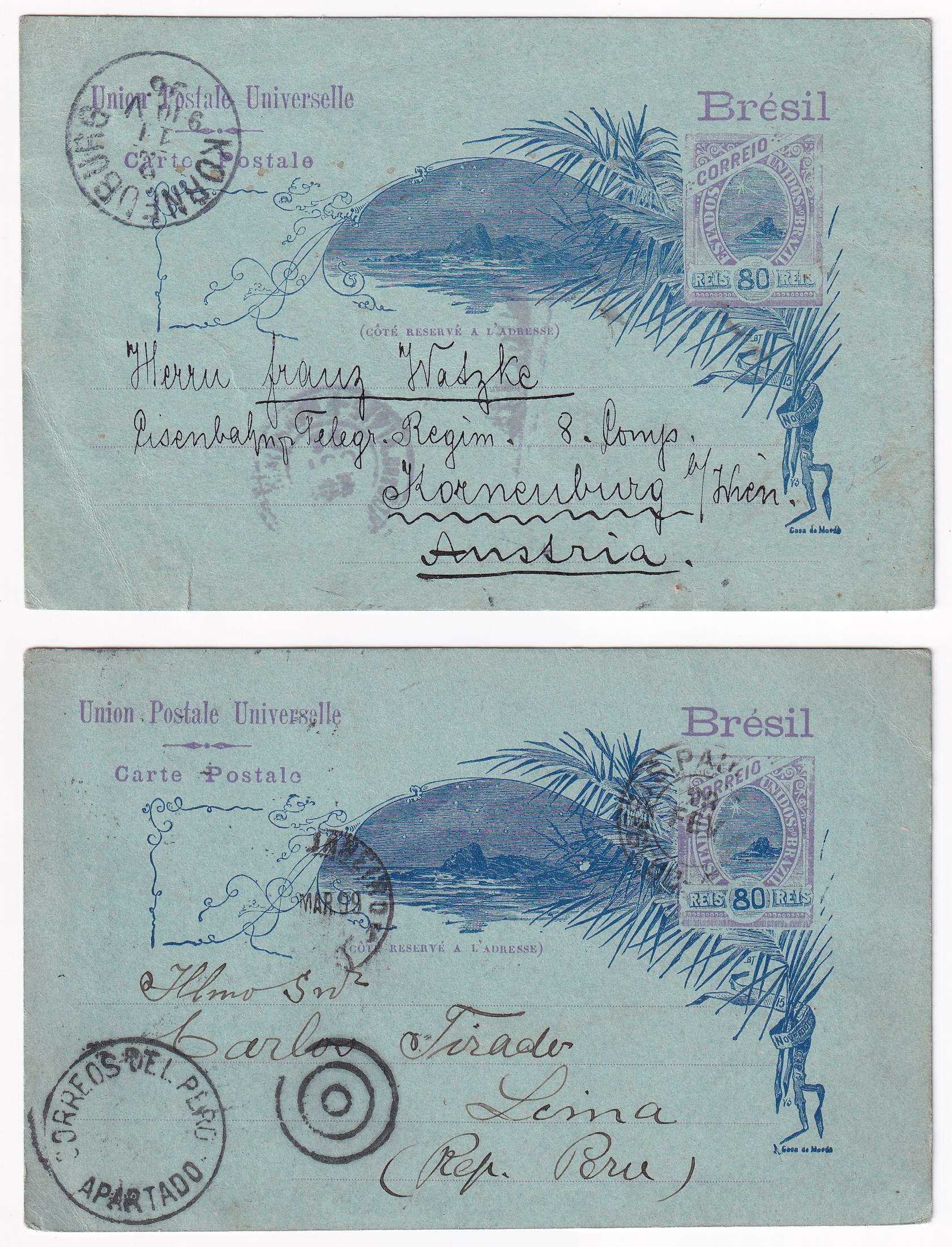 Brazil 1896 — Four entires used Bahia to Karnenburg, Austria, Sao Paulo to Lima, Peru