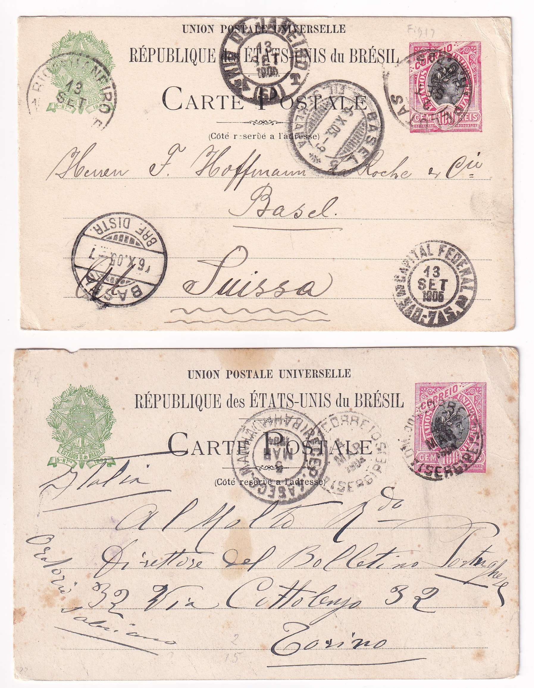 Brazil 1896 — Four entires used Bahia to Karnenburg, Austria, Sao Paulo to Lima, Peru