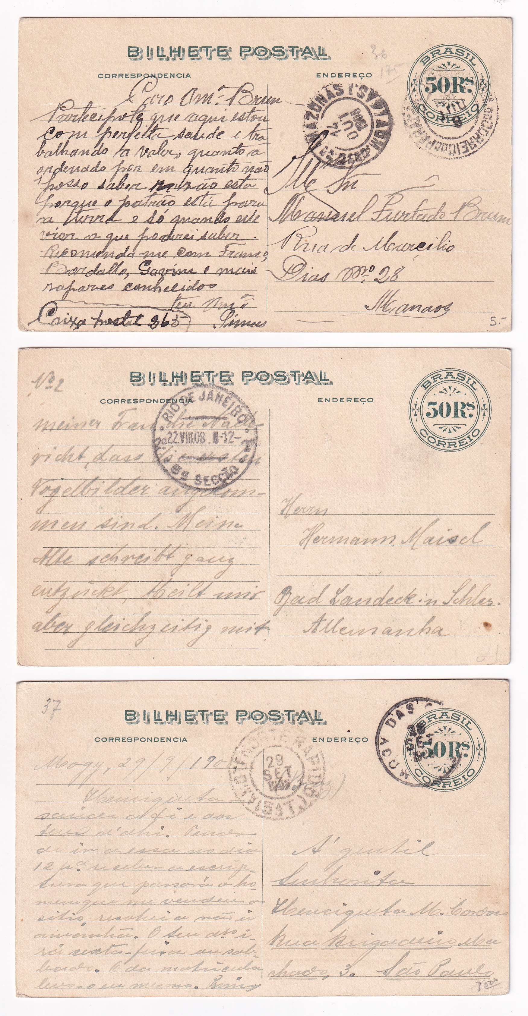 Brazil 1908 — Group of 10 entires, used