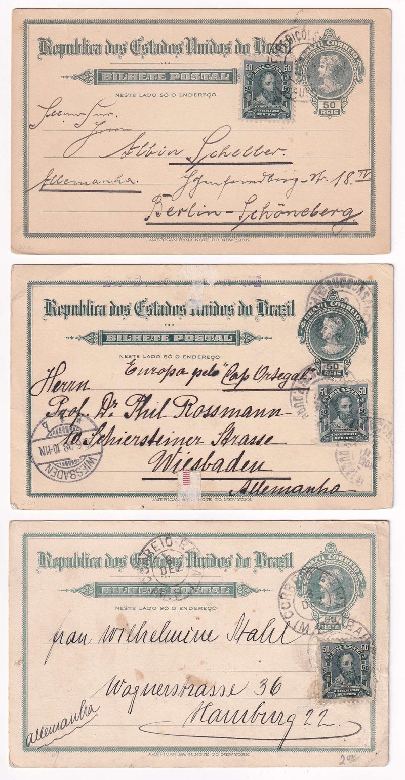 Brazil 1910 — Collection of 17 entires, several uprated & used domestically, to USA, Canada or Europe