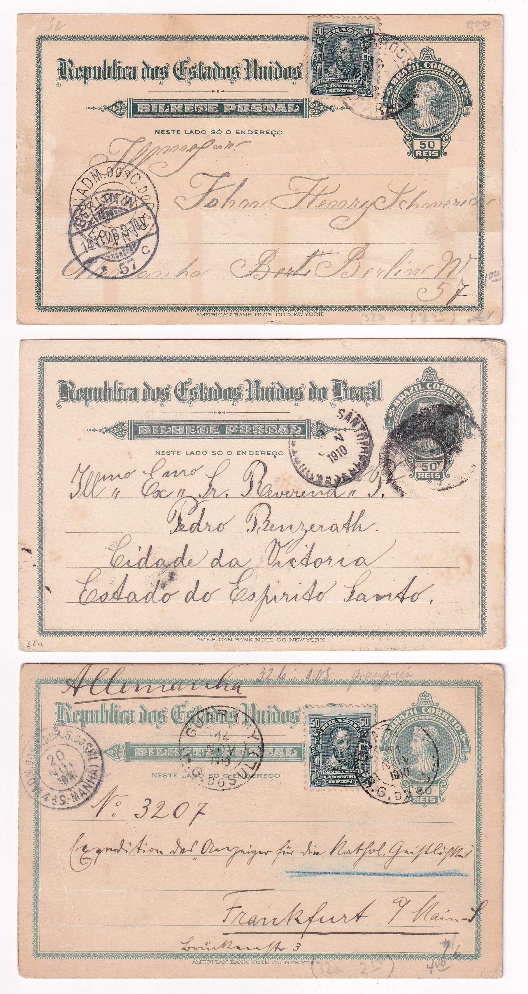 Brazil 1910 — Collection of 17 entires, several uprated & used domestically, to USA, Canada or Europe