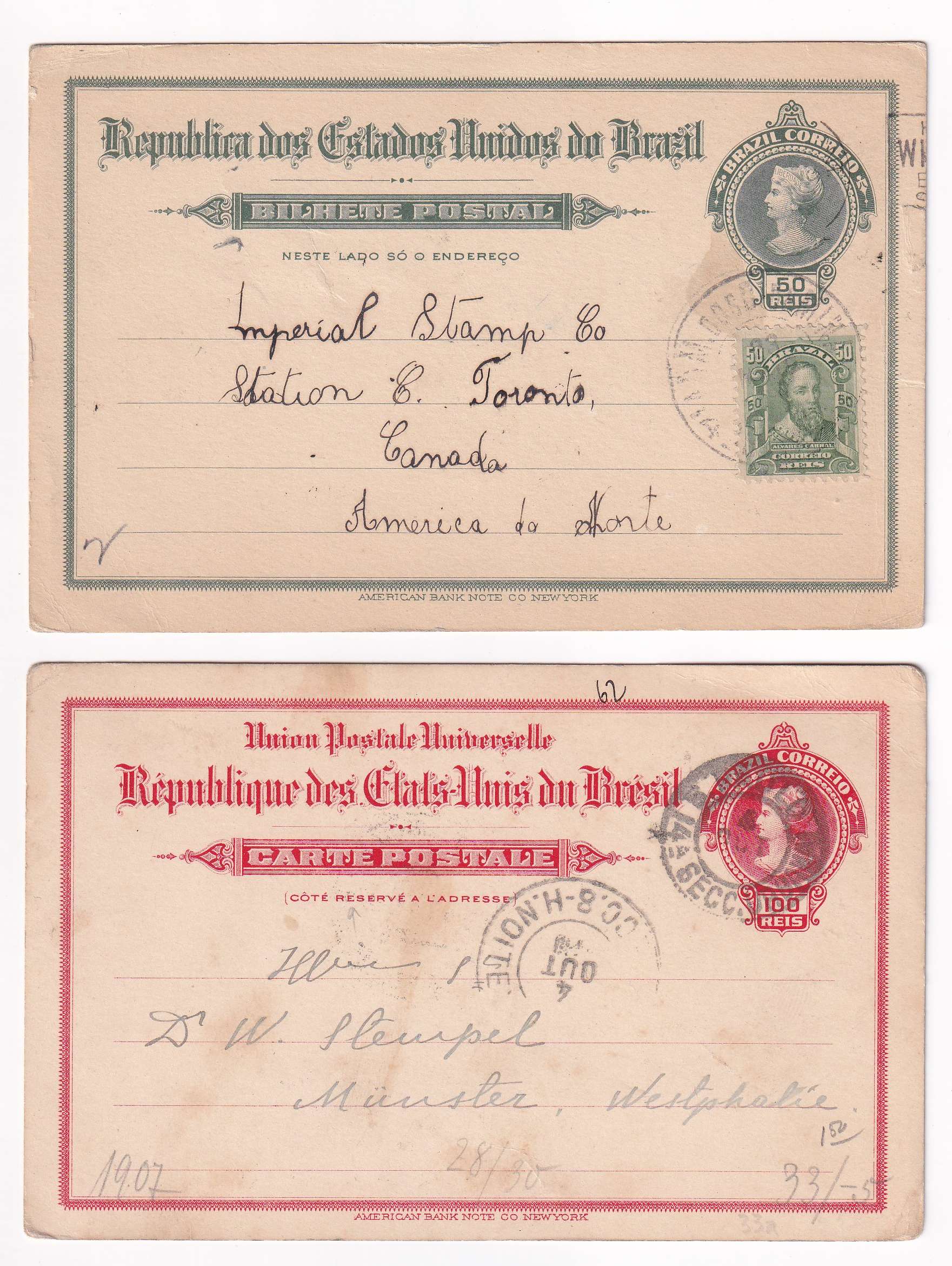 Brazil 1910 — Collection of 17 entires, several uprated & used domestically, to USA, Canada or Europe