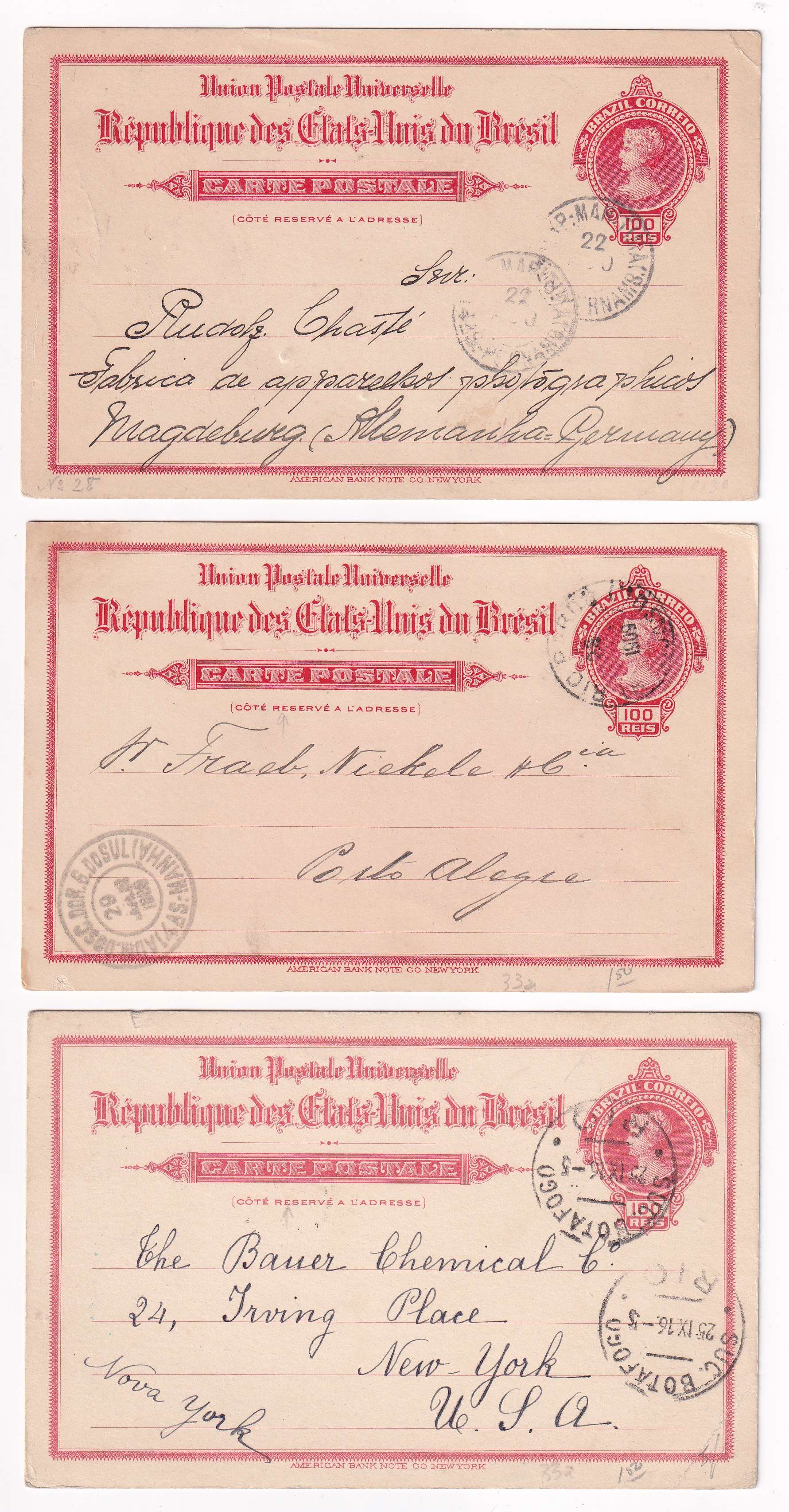 Brazil 1910 — Collection of 17 entires, several uprated & used domestically, to USA, Canada or Europe