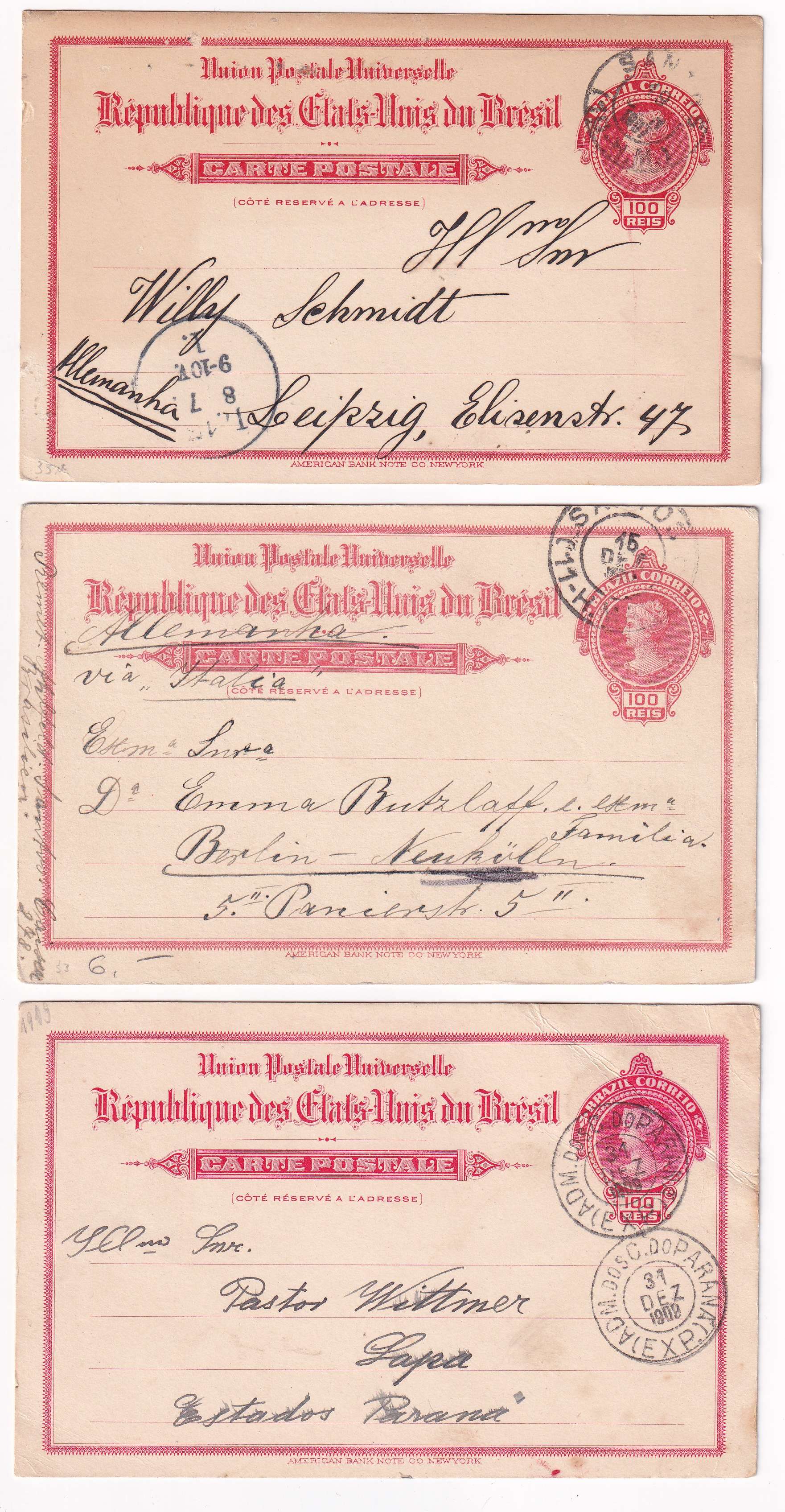 Brazil 1910 — Collection of 17 entires, several uprated & used domestically, to USA, Canada or Europe