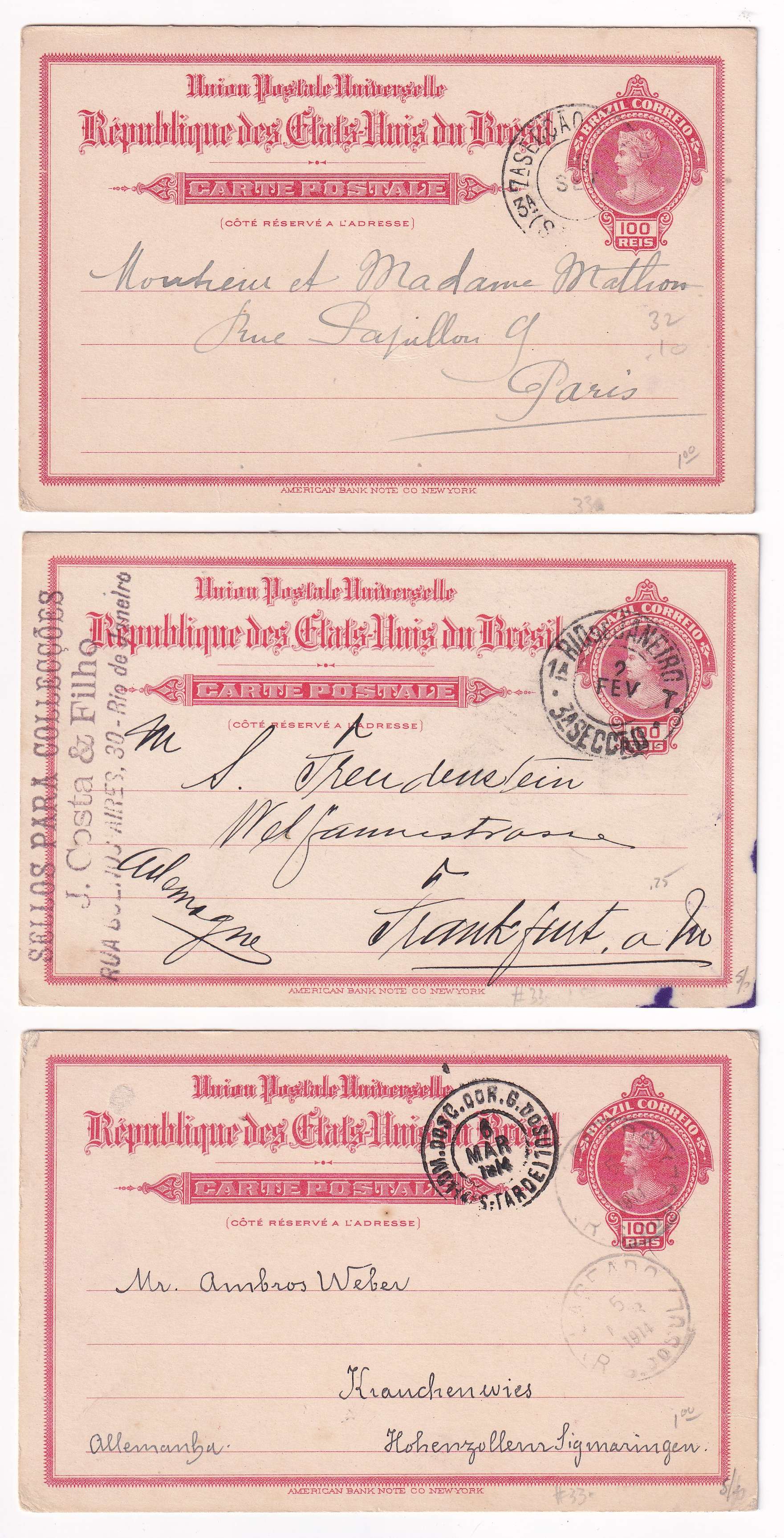 Brazil 1910 — Collection of 17 entires, several uprated & used domestically, to USA, Canada or Europe