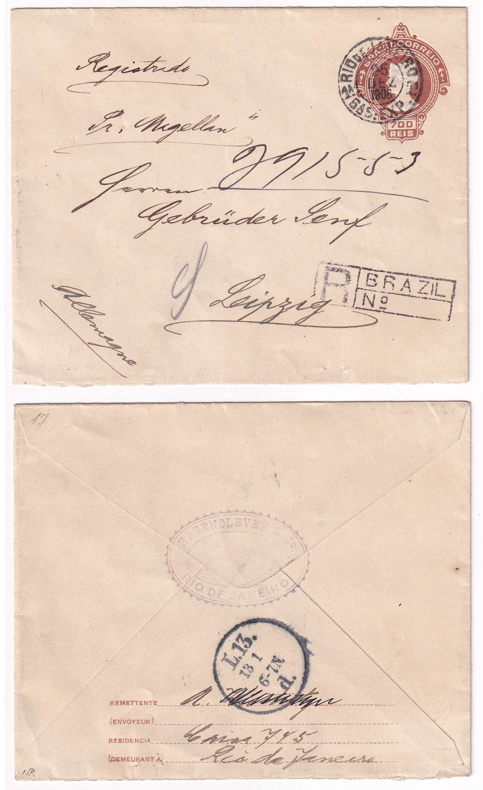 Brazil 1906 — R-envelopes to Germany
