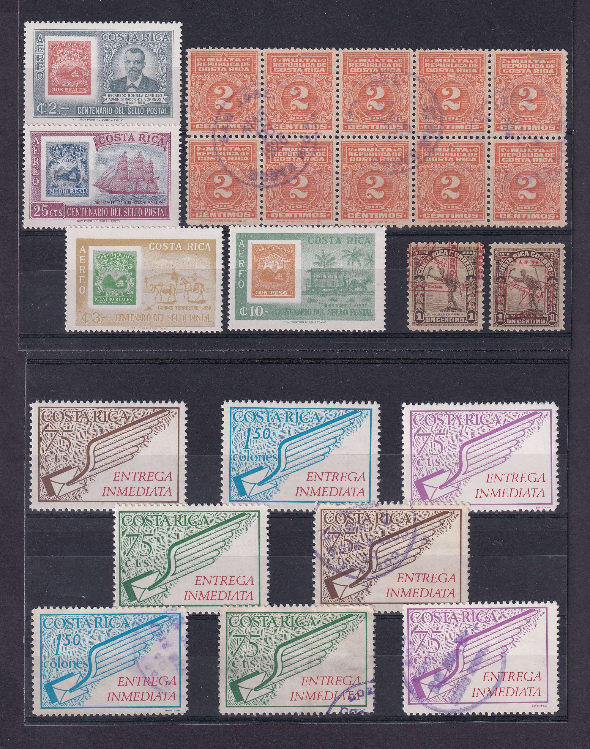 Costa Rica 1924 — Scott J9 block of ten used, Scott E1-e8 (16x) sets, airplane design "Correo Aereo 1924 &…