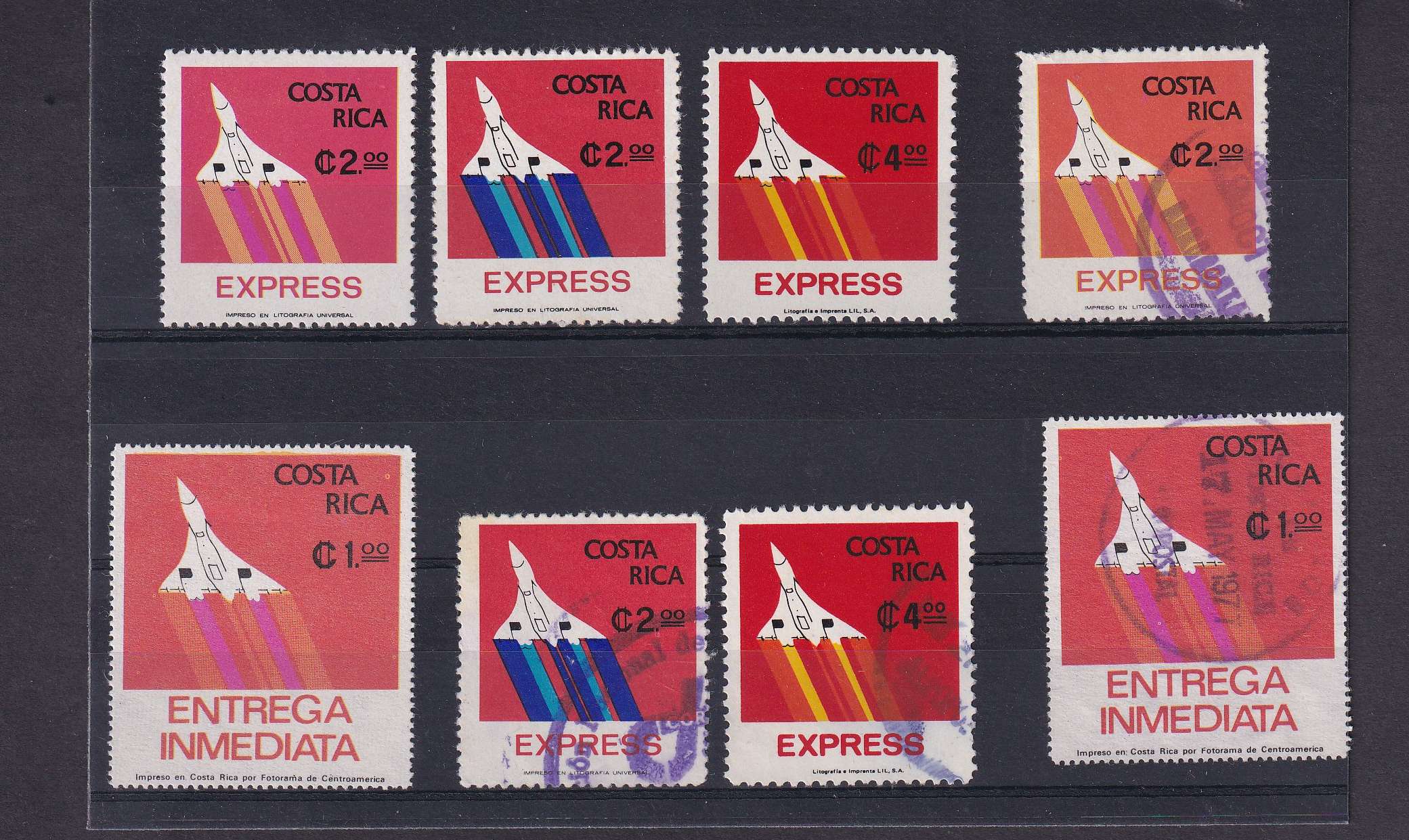 Costa Rica 1924 — Scott J9 block of ten used, Scott E1-e8 (16x) sets, airplane design "Correo Aereo 1924 &…